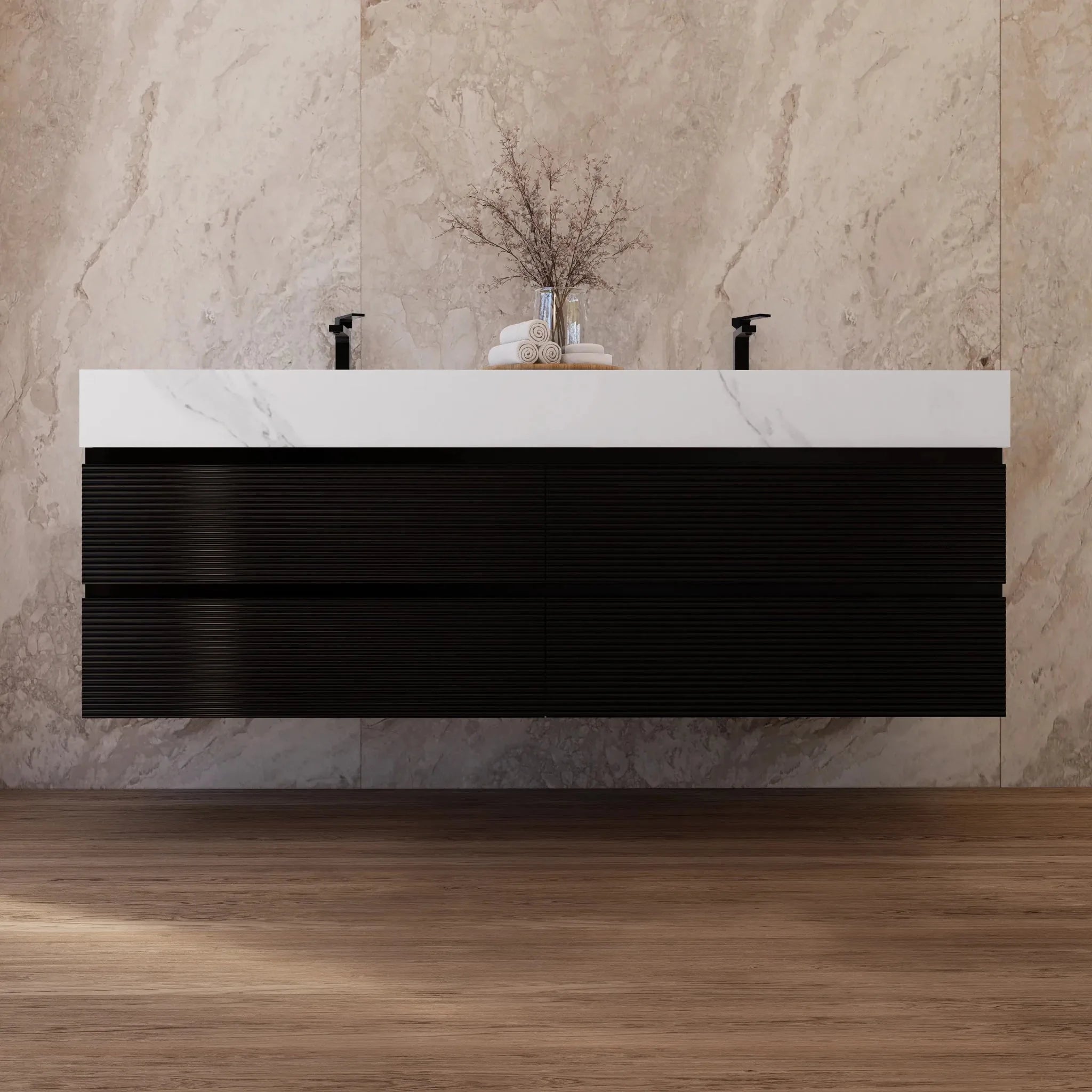 Aventino 60" Black Fluted Floating Double-Sink Vanity with Sintered Stone Top