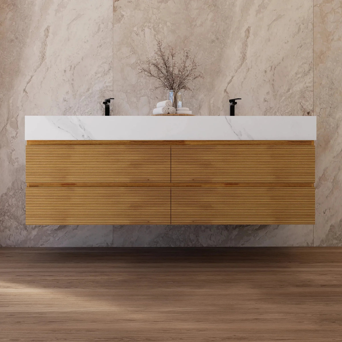 Aventino 60-inch natural-oak fluted floating double-sink vanity with white carrara sintered stone top