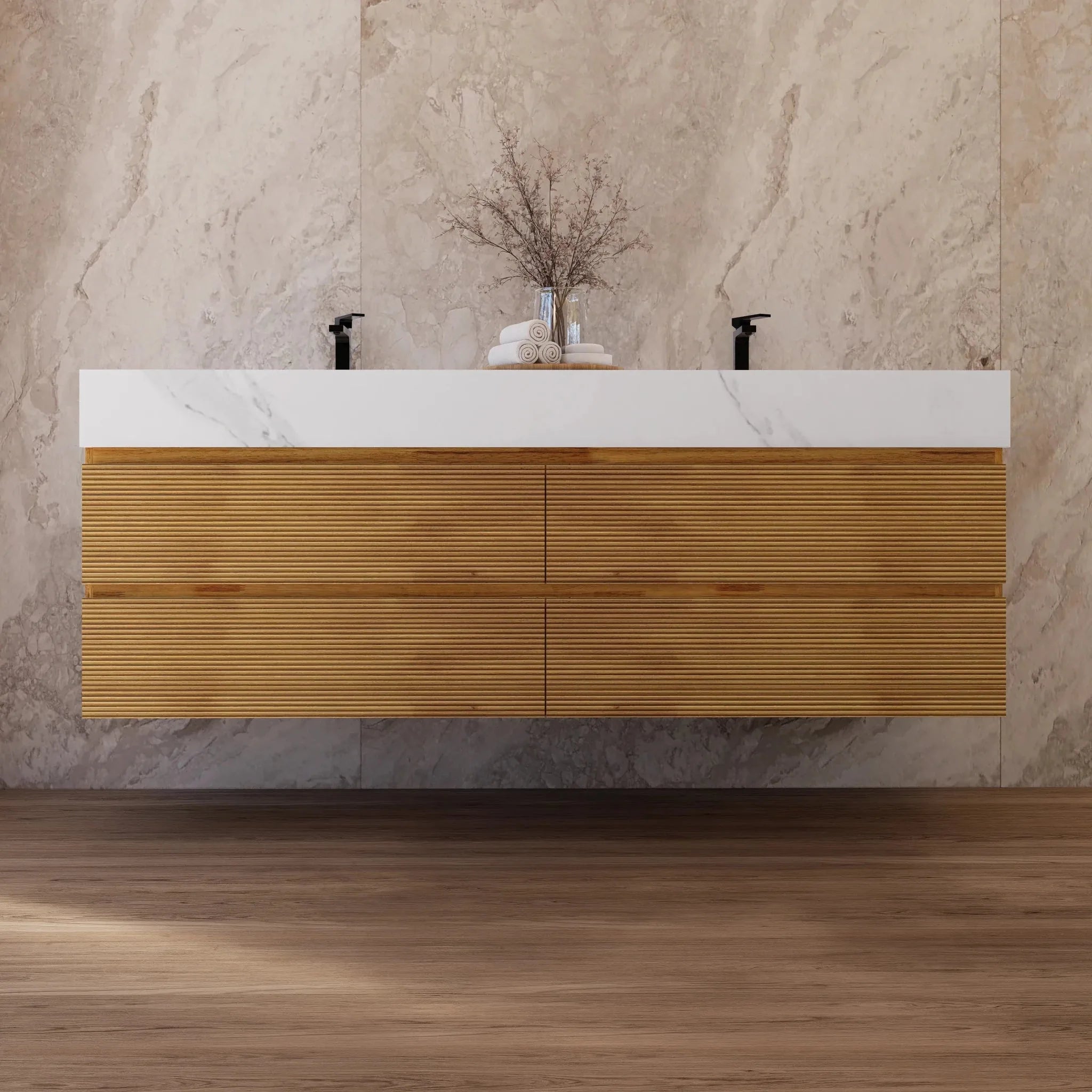 Aventino 60" Oak Fluted Floating Double-Sink Vanity with Sintered Stone Top
