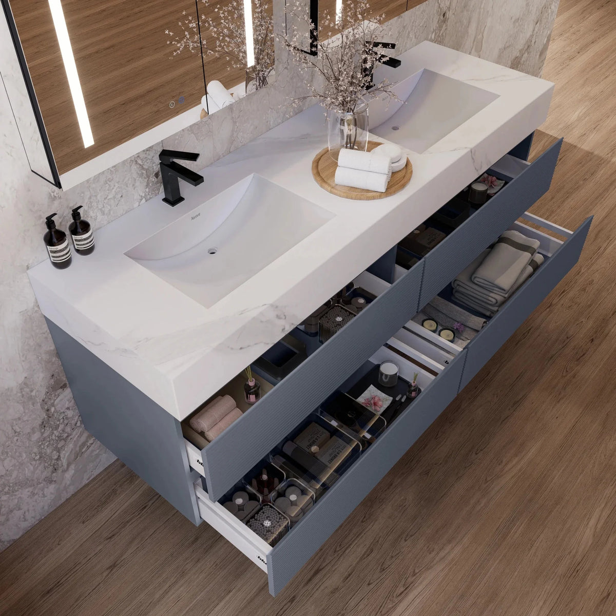 Aventino 60-inch White Carrara fluted floating double-sink vanity — sintered stone top