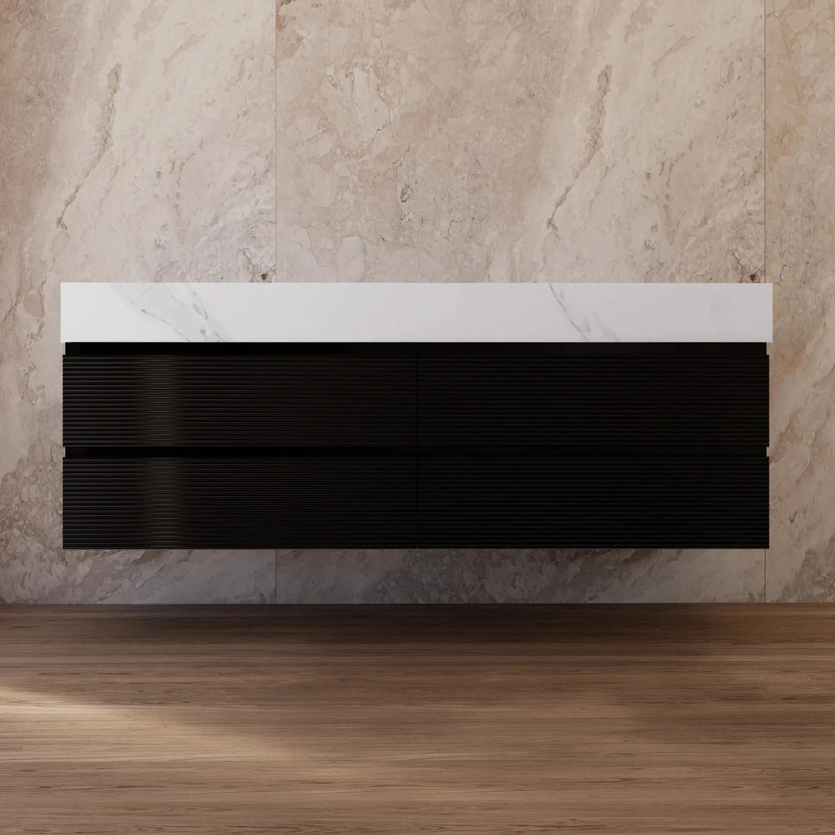 Aventino 60-inch White Carrara fluted floating double-sink vanity — sintered stone top