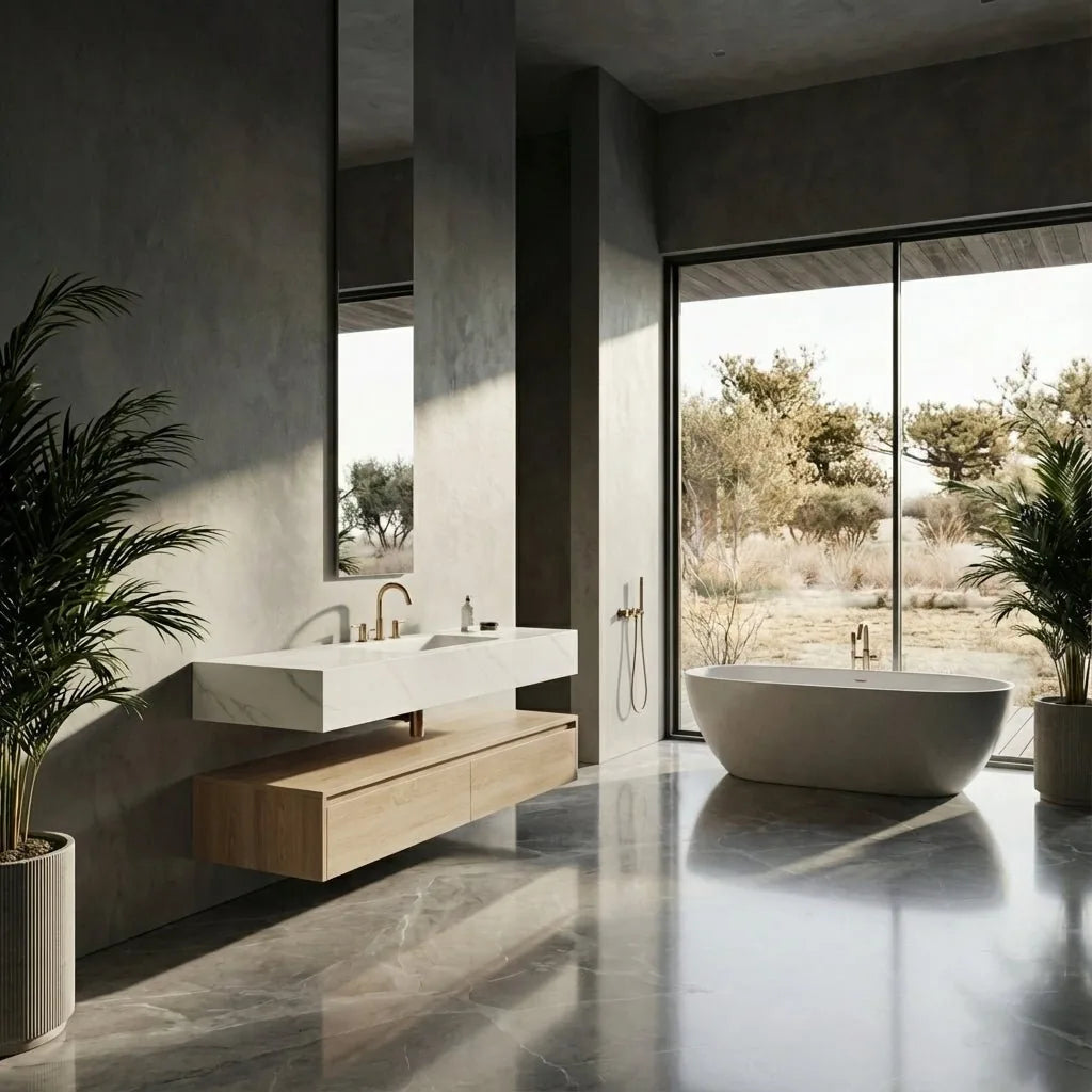 Aventino 60-inch light-oak floating single-sink vanity with white carrara sintered stone top