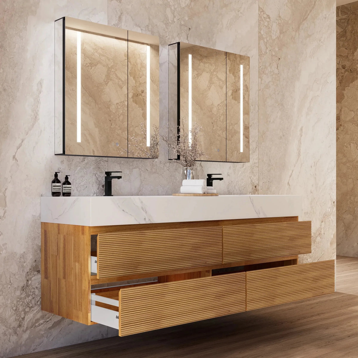 Aventino 60-inch natural-oak fluted floating double-sink vanity with white carrara sintered stone top