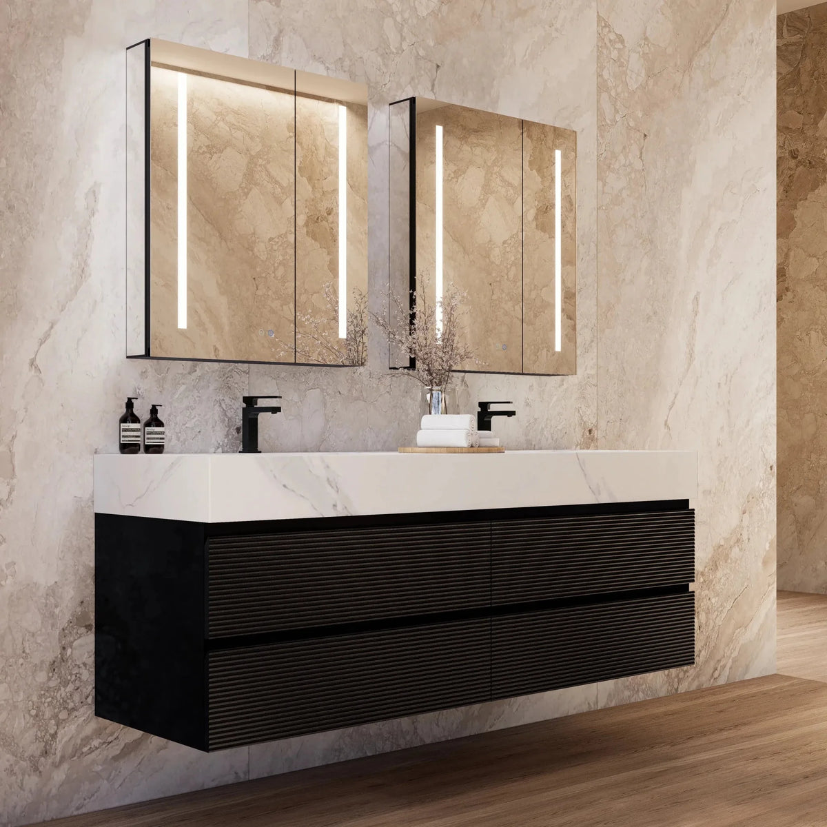 Aventino 60-inch White Carrara fluted floating double-sink vanity — sintered stone top