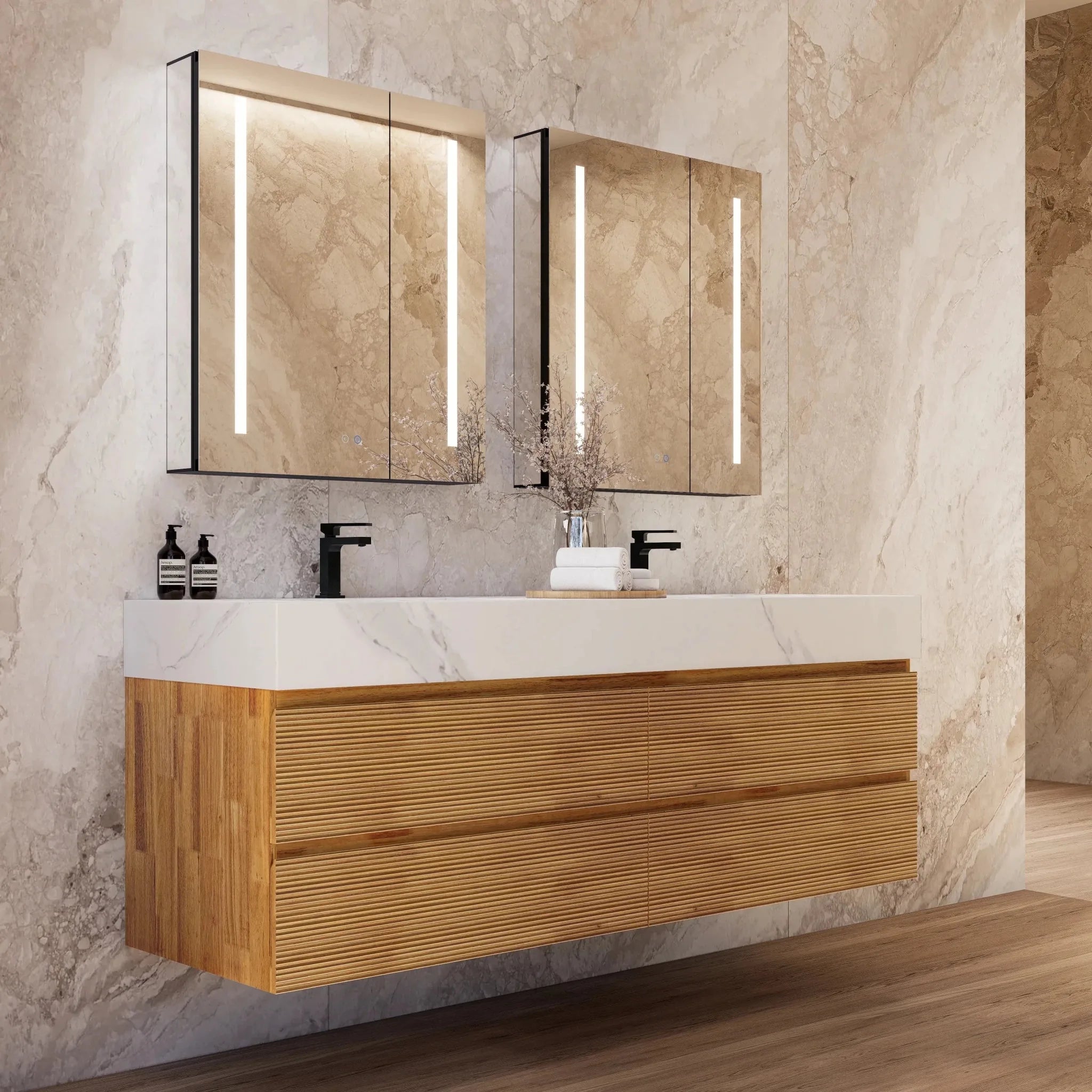 Aventino 60" Oak Fluted Floating Double-Sink Vanity with Sintered Stone Top