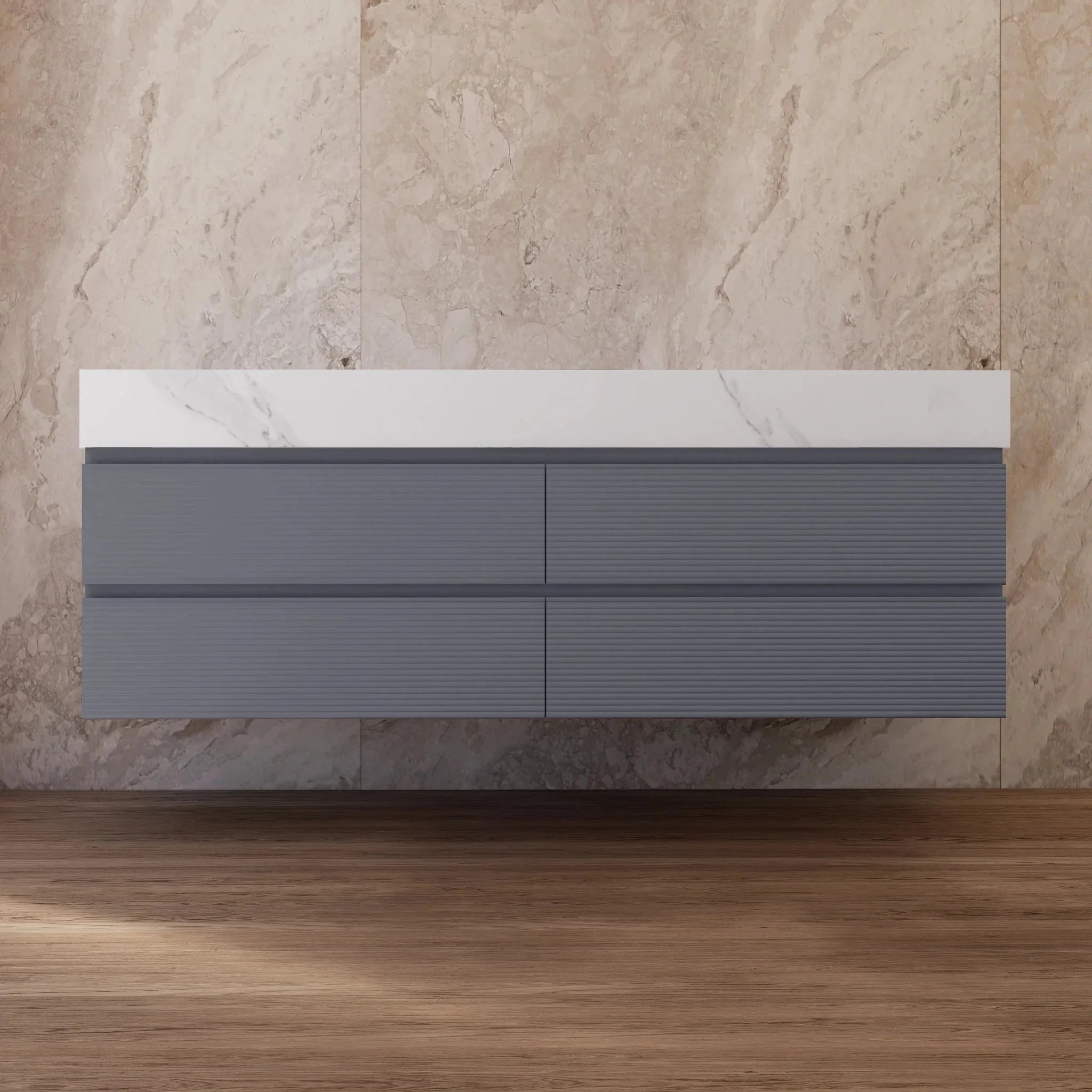 Aventino 60"/71" Dark Grey Fluted Floating Double-Sink Vanity with Sintered Stone Top