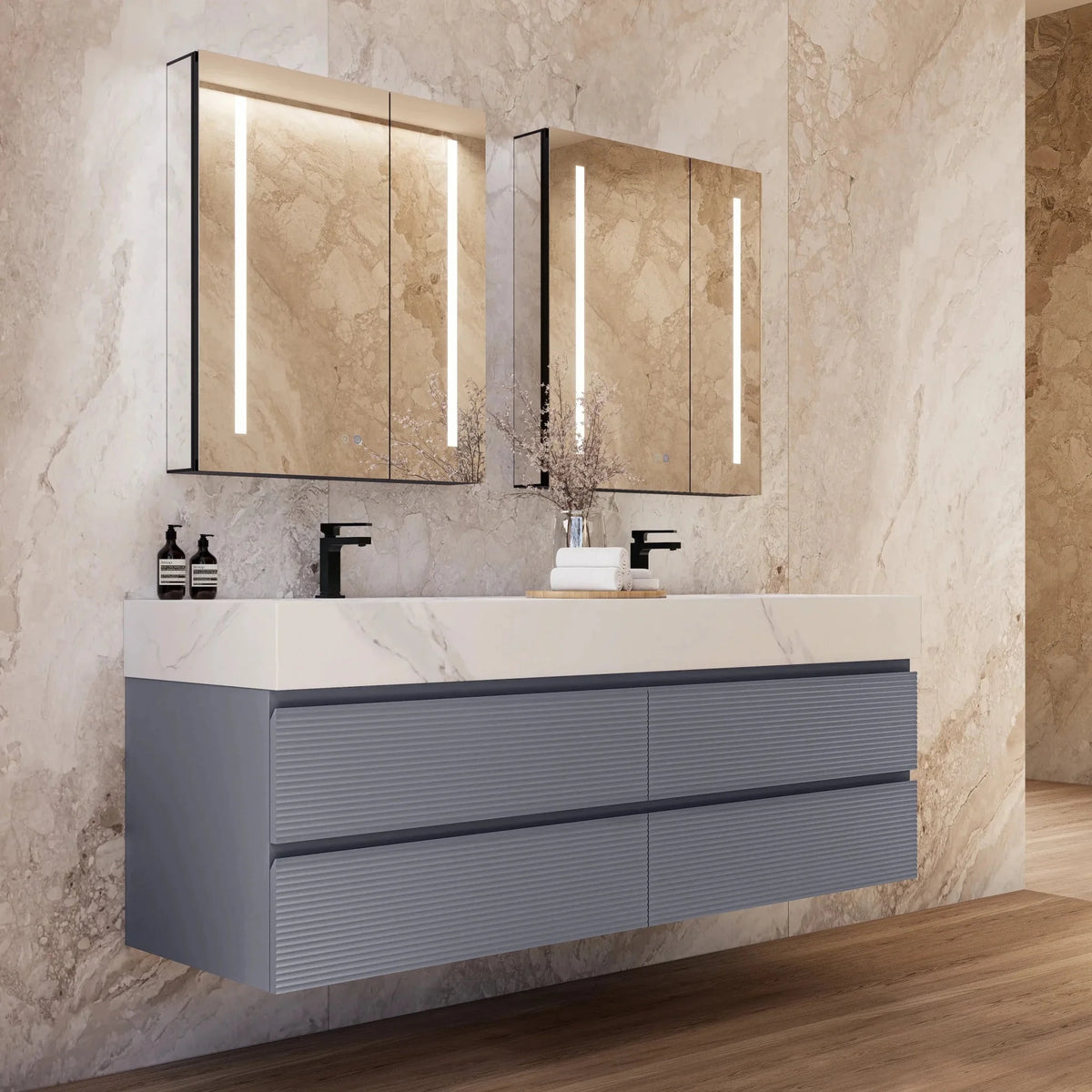 Aventino 60-inch White Carrara fluted floating double-sink vanity — sintered stone top