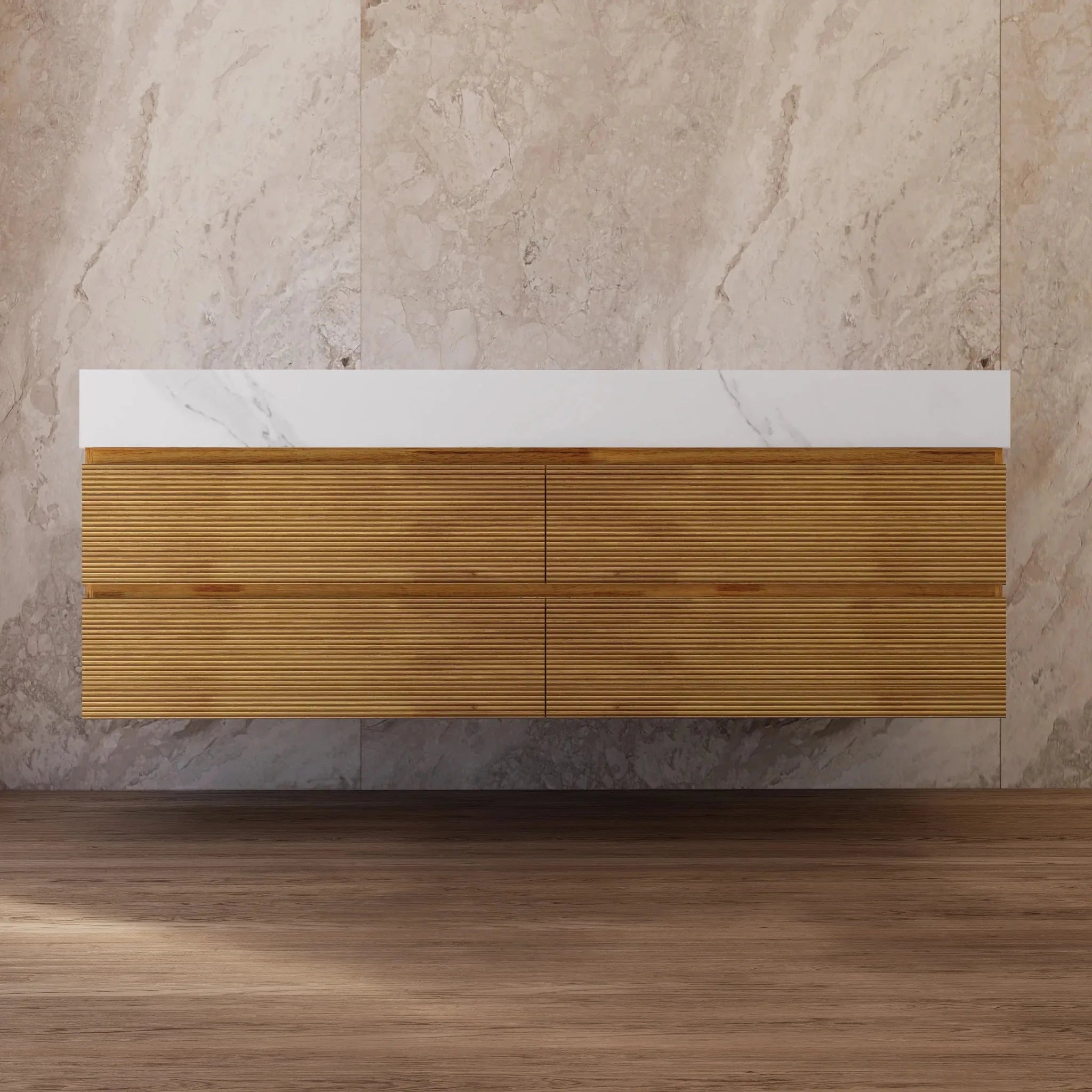 Aventino 60" Oak Fluted Floating Double-Sink Vanity with Sintered Stone Top