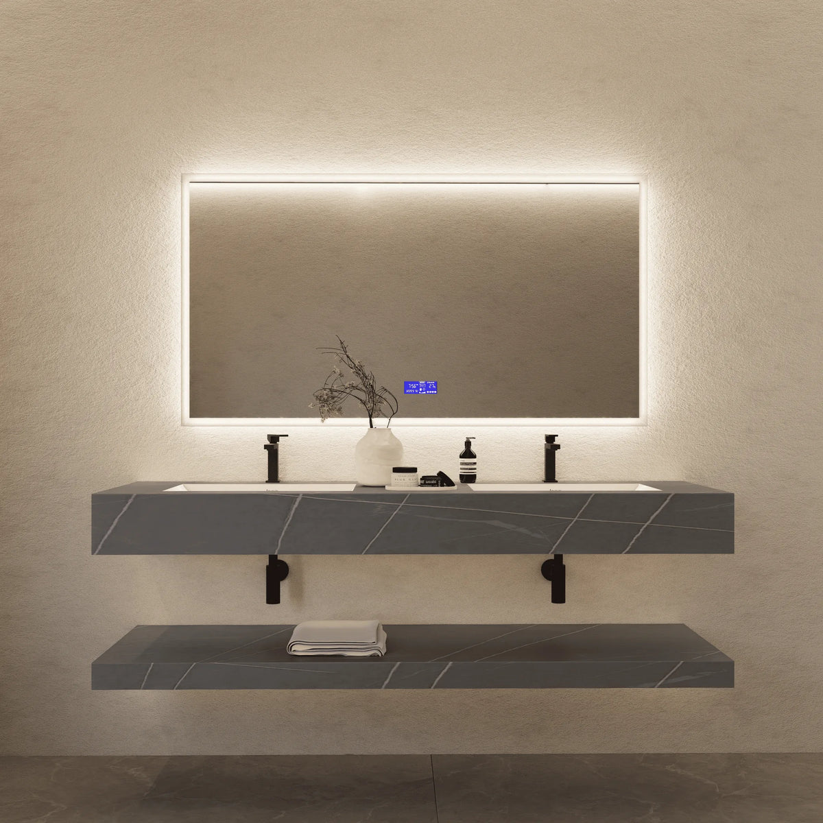 Aventino 71-inch armani grey Flat-Front floating double-sink vanity — sintered stone top