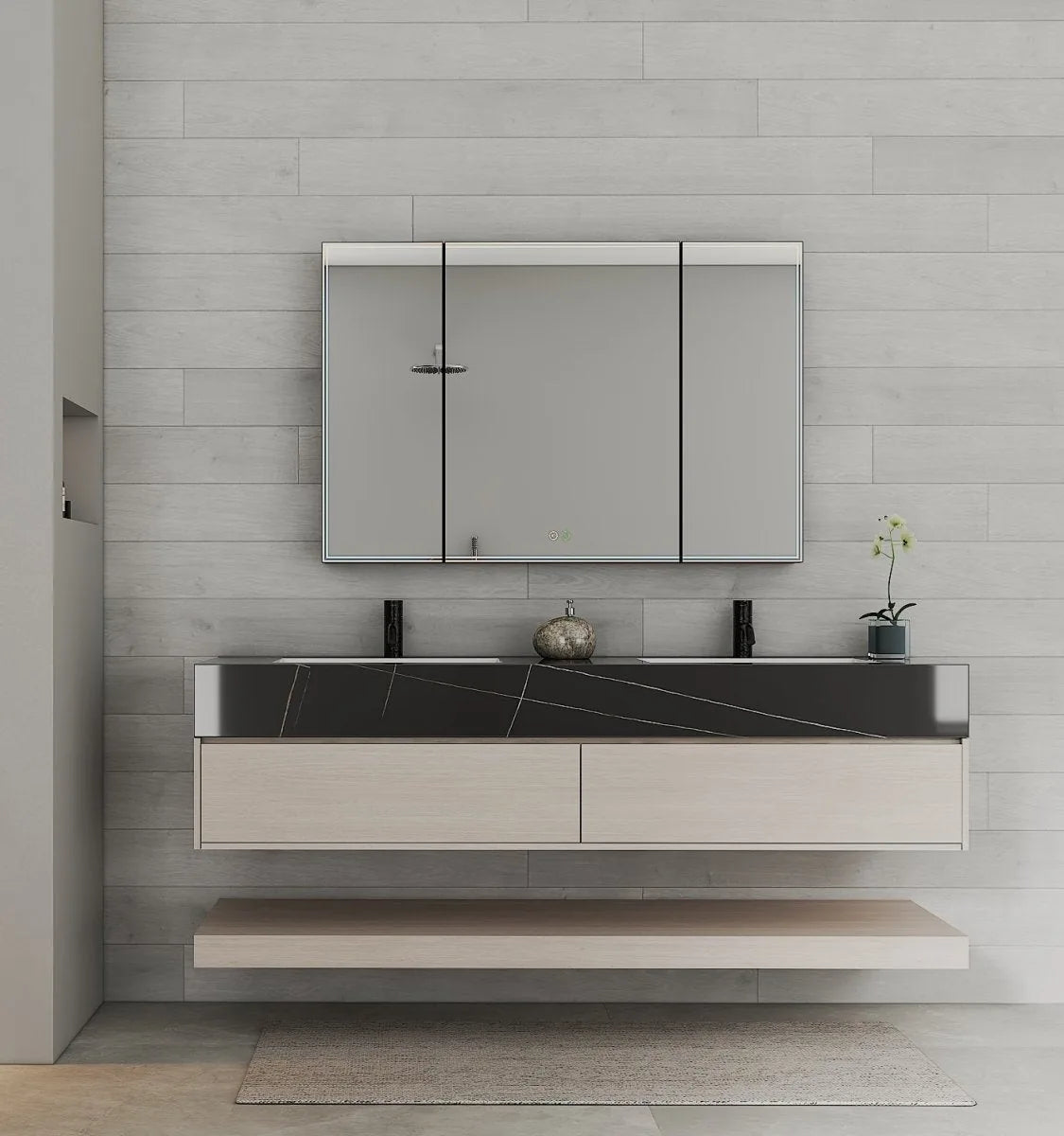 Aventino 71" Ash Grey Oak Open-Shelf Floating Double-Sink Vanity with Sintered Stone Top
