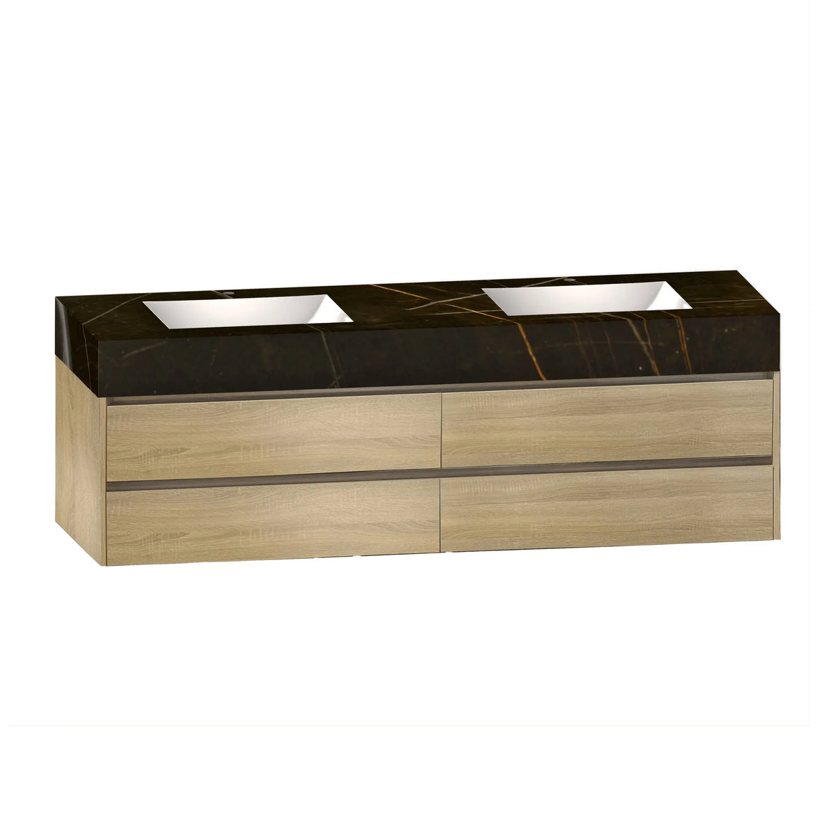 Aventino 71-inch black marquina gold veins light oak flat-front floating double-sink vanity — sintered stone top