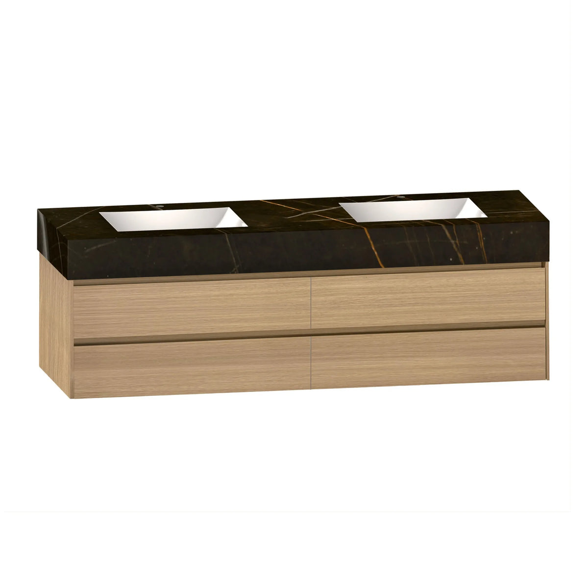Aventino 71-inch black marquina gold veins smoked oak flat-front floating double-sink vanity — sintered stone top