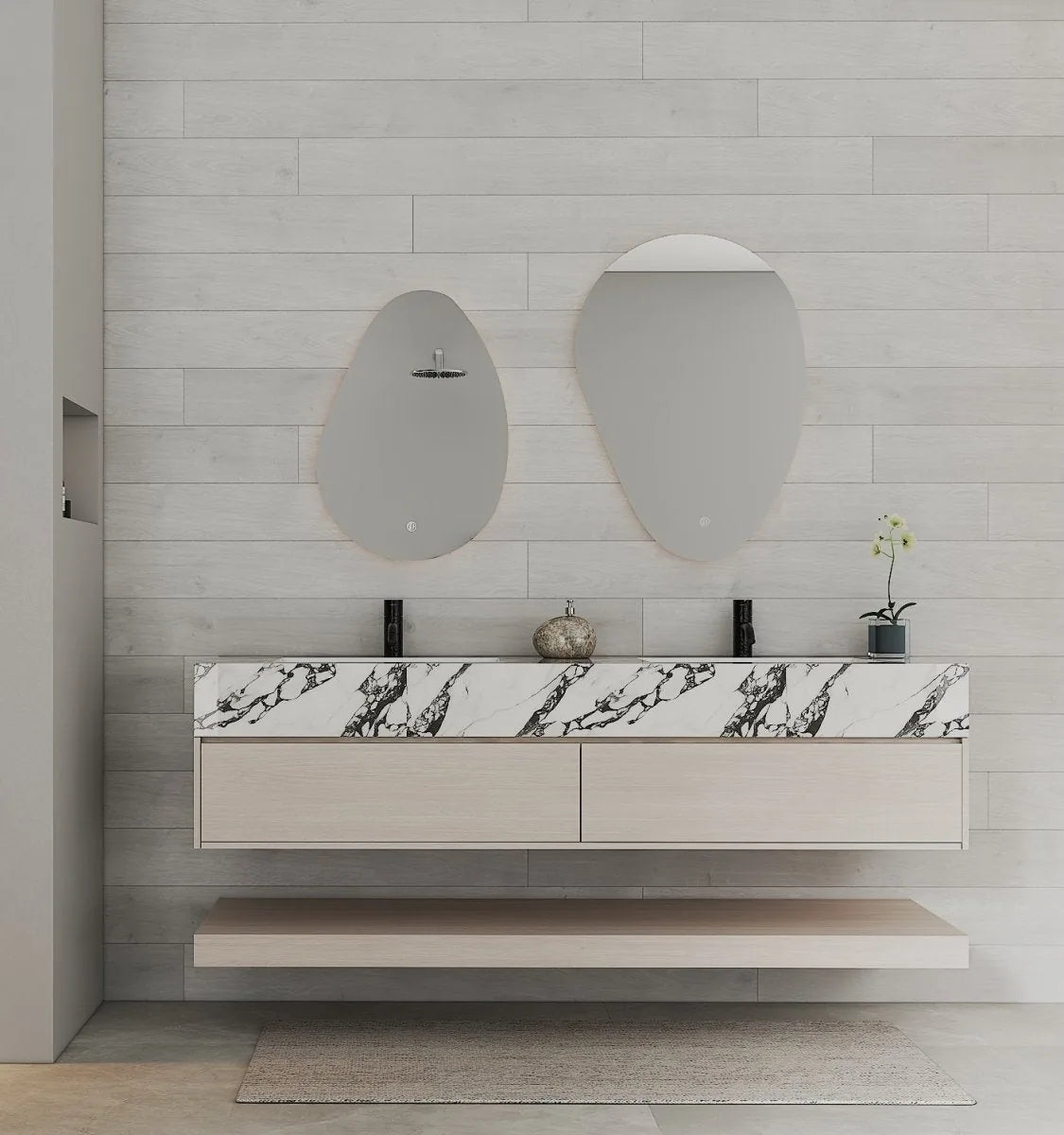 Aventino 71" Ash Grey Oak Open-Shelf Floating Double-Sink Vanity with Sintered Stone Top