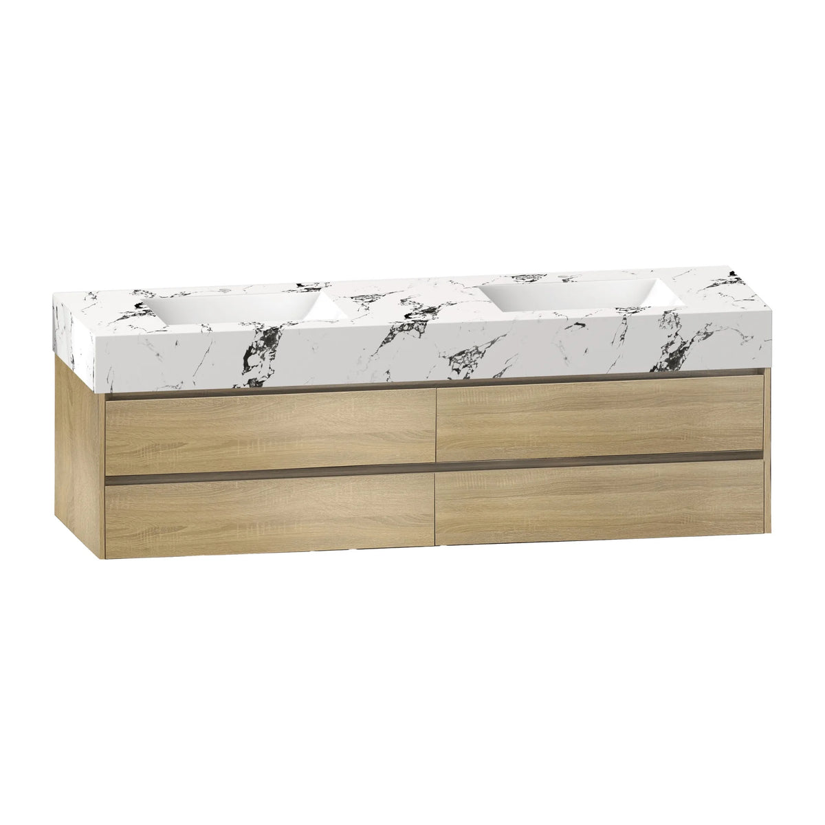Aventino 71-inch calacatta black light oak flat-front floating double-sink vanity — sintered stone top