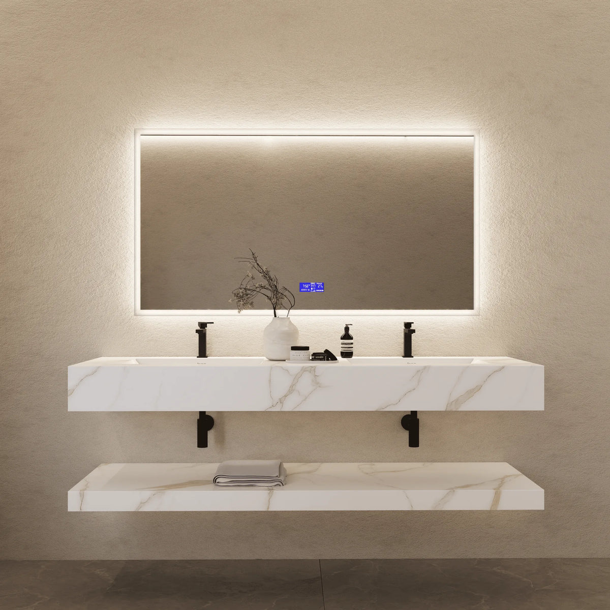 Aventino 71-inch calacatta gold Flat-Front floating double-sink vanity — sintered stone top