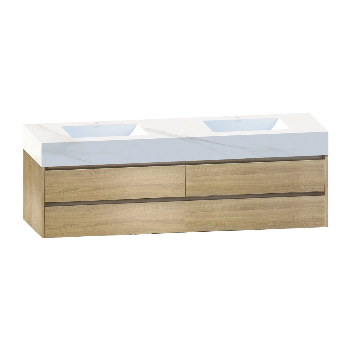Aventino 71-inch calacatta gold light oak flat-front floating double-sink vanity — sintered stone top