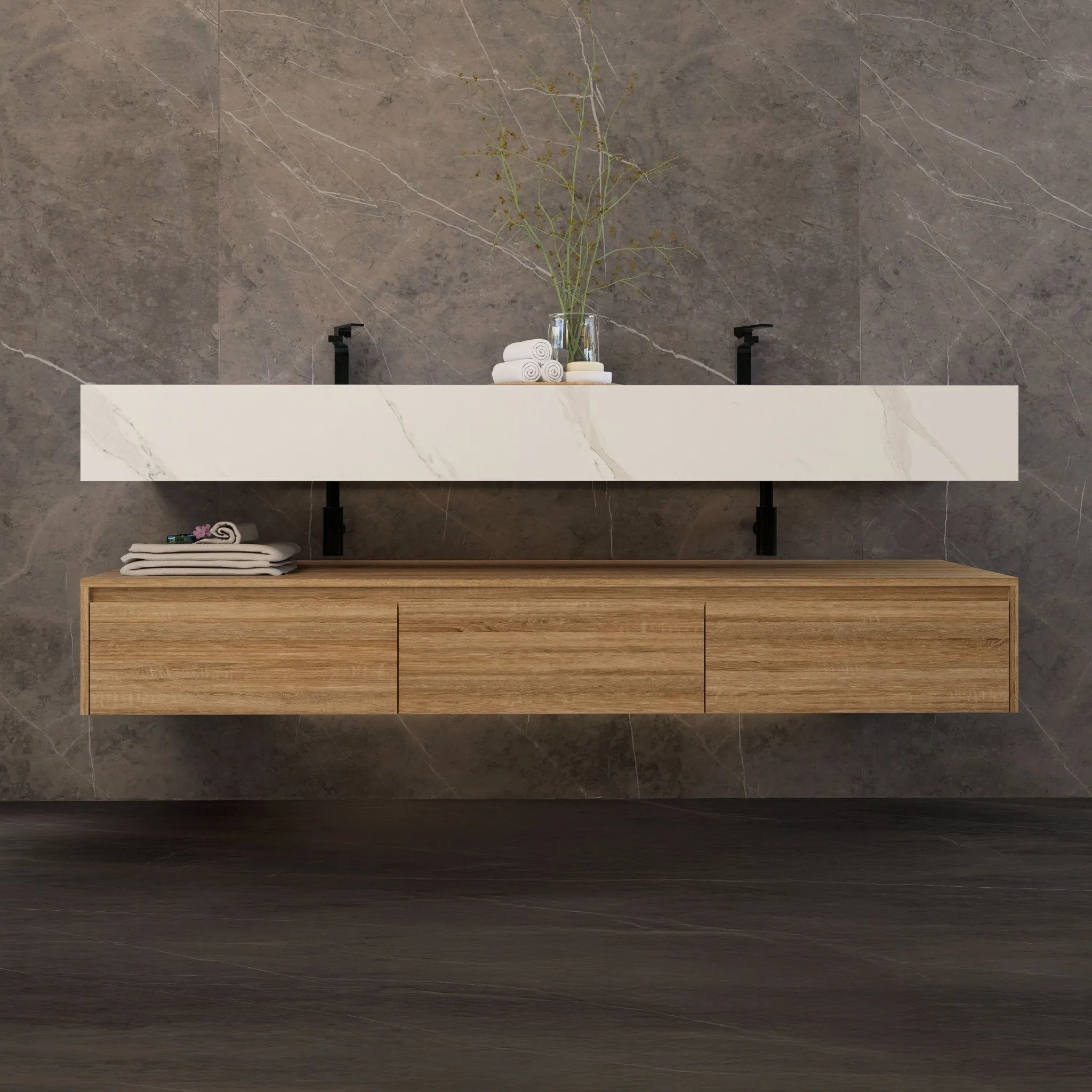 Aventino 71" Oak Plywood Floating Double-Sink Vanity with Sintered Stone Top