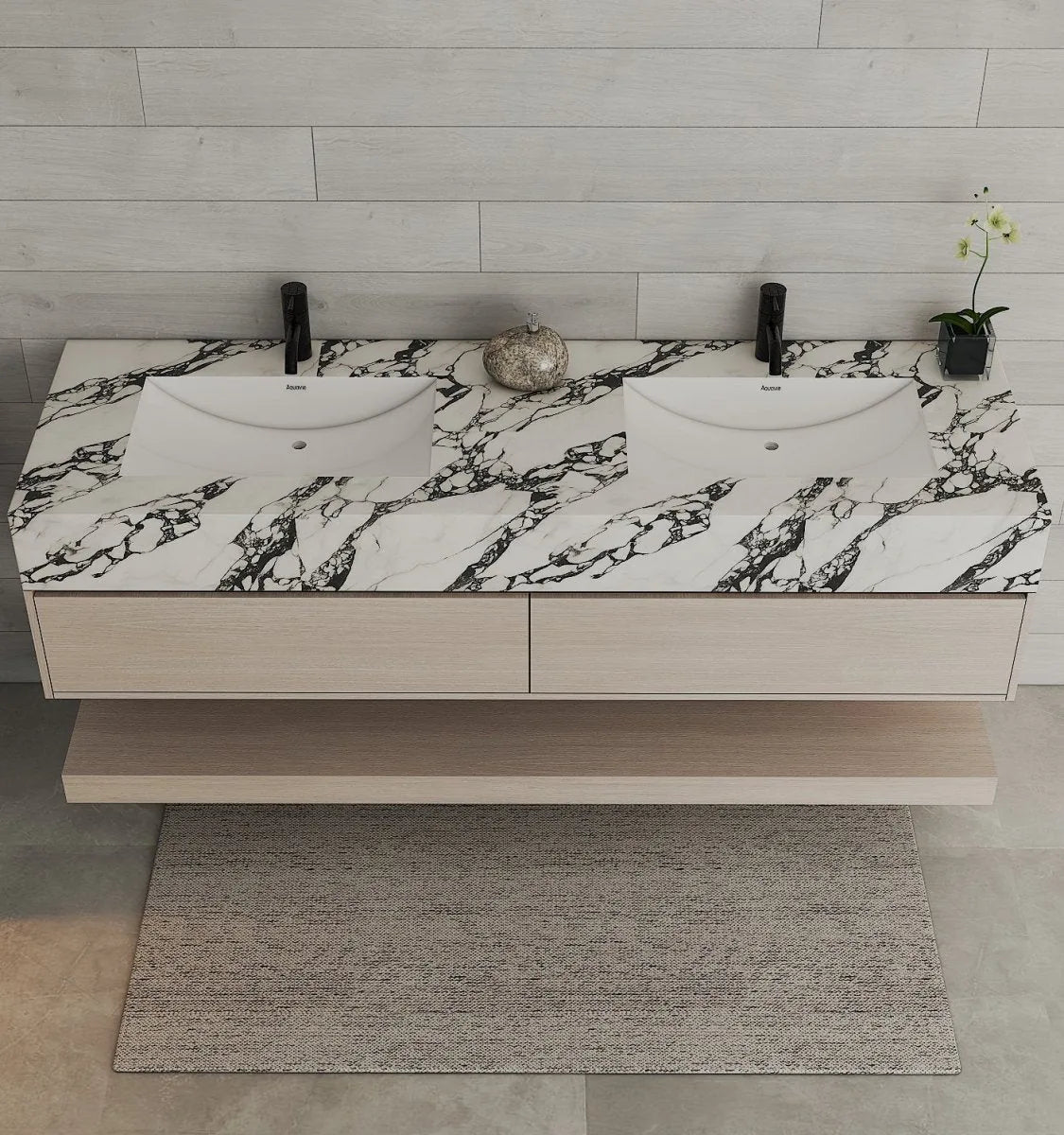 Aventino 71-inch gallery Flat-Front floating double-sink vanity — sintered stone top