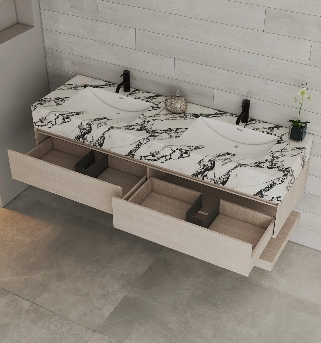 Aventino 71" Ash Grey Oak Open-Shelf Floating Double-Sink Vanity with Sintered Stone Top