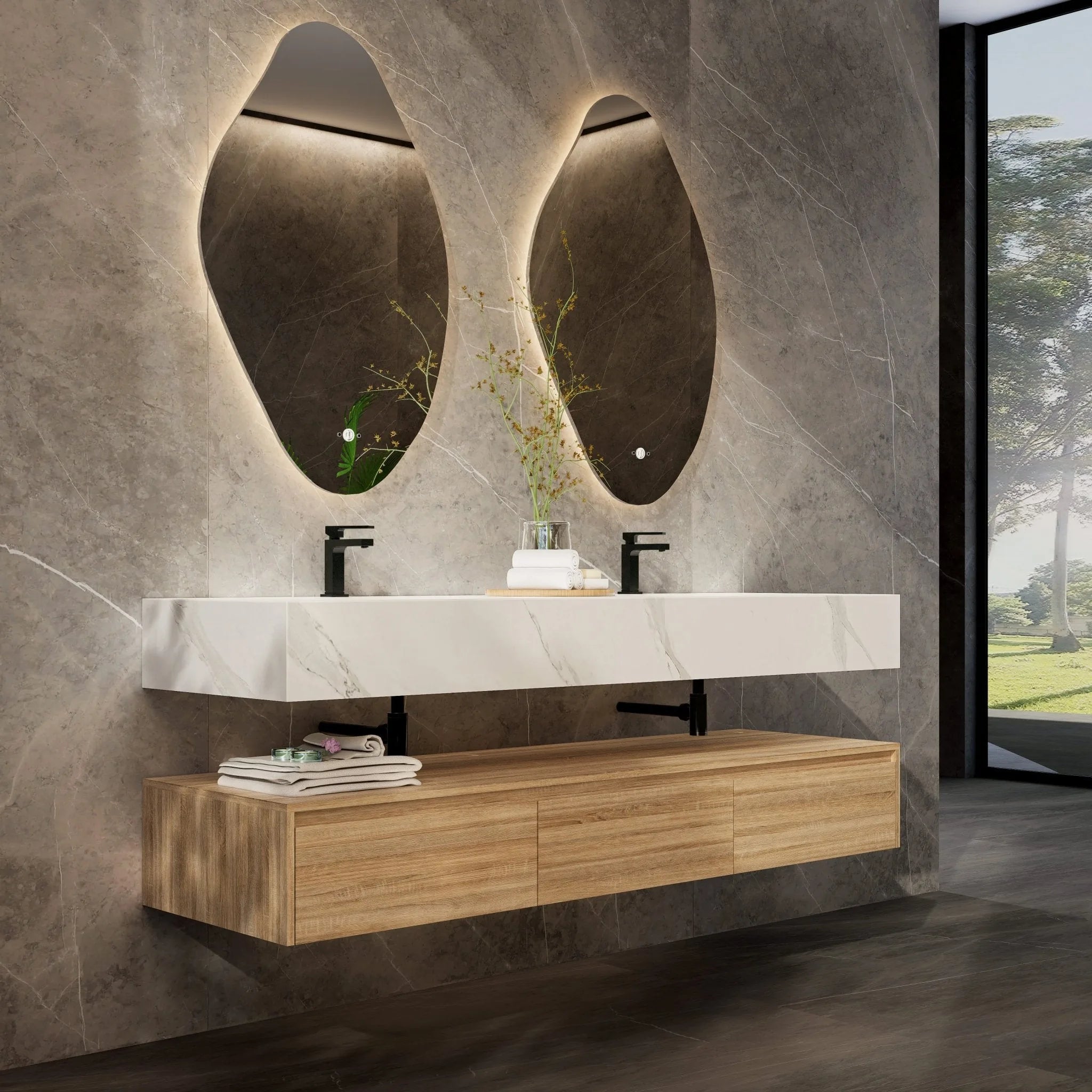 Aventino 71" Oak Plywood Floating Double-Sink Vanity with Sintered Stone Top