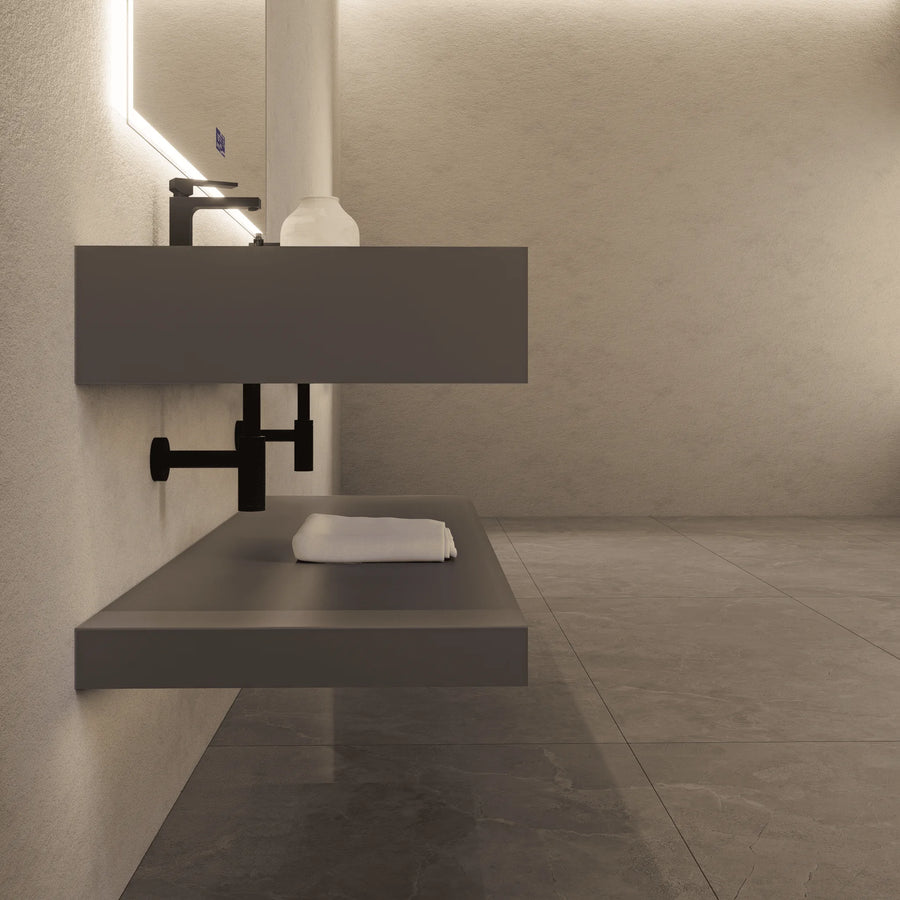 Aventino wall-mounted vanity — side profile showing floor clearance