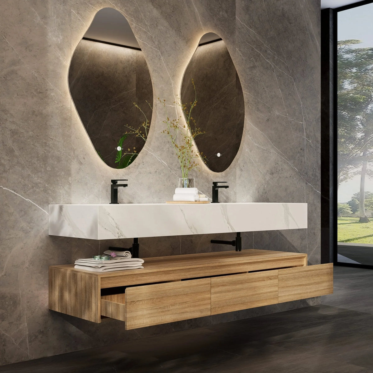 Aventino 71-inch gallery Flat-Front floating double-sink vanity — sintered stone top