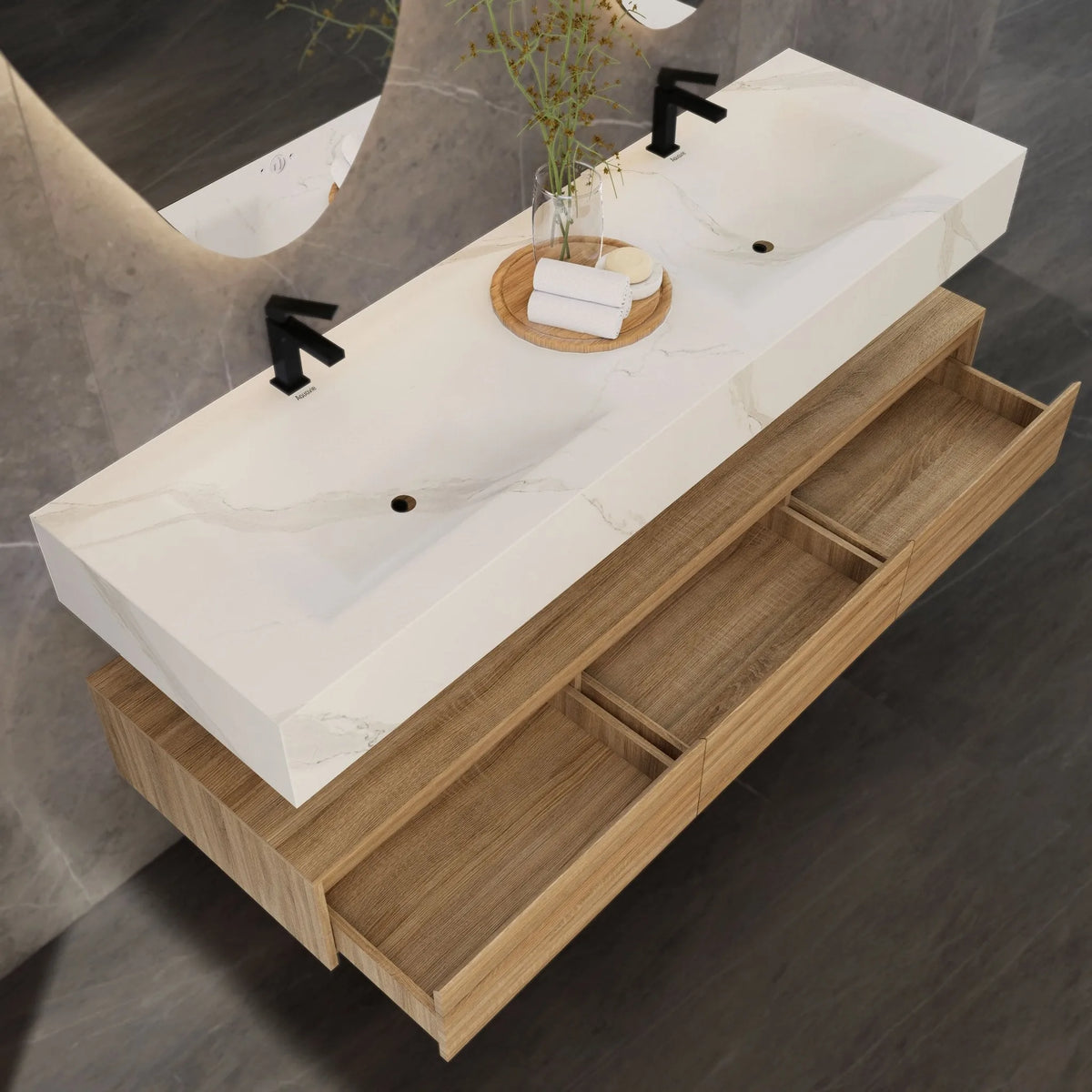 Aventino 71-inch gallery Flat-Front floating double-sink vanity — sintered stone top