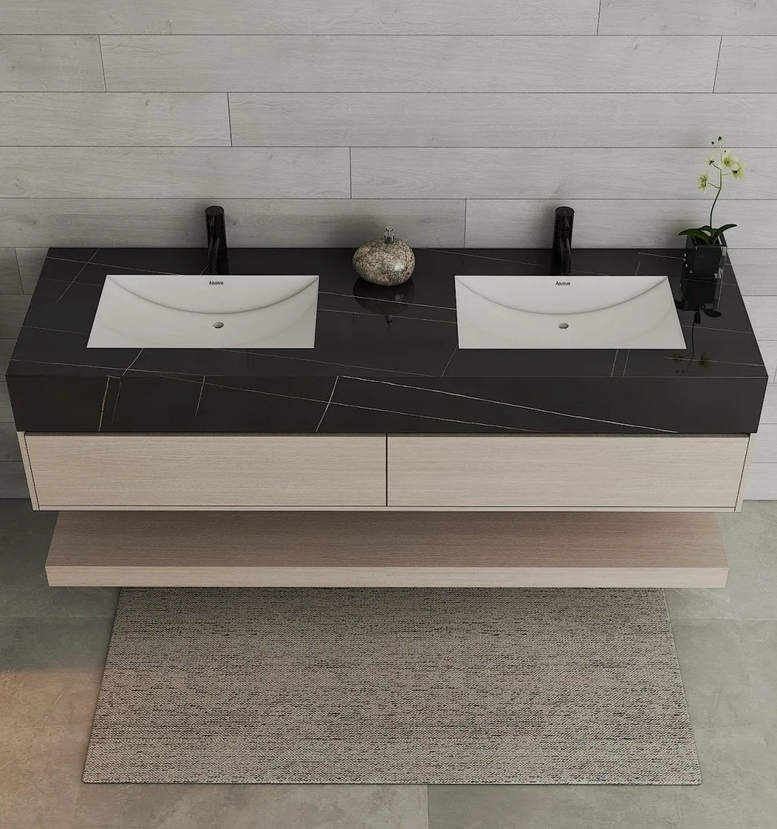 Aventino 71" Ash Grey Oak Open-Shelf Floating Double-Sink Vanity with Sintered Stone Top