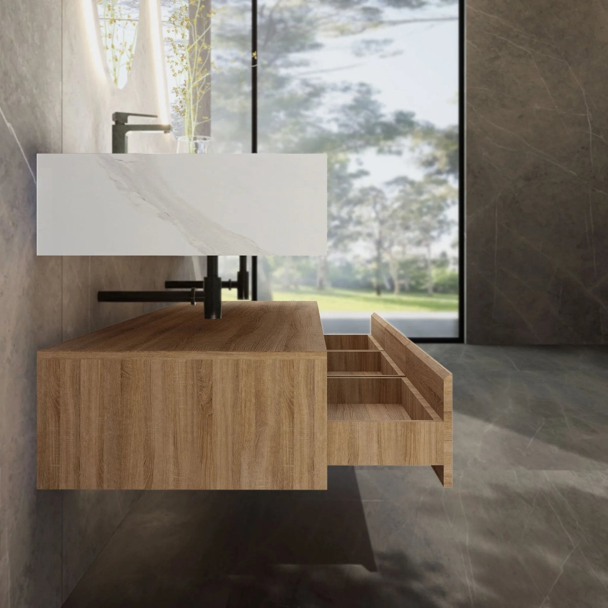 Aventino 71-inch gallery Flat-Front floating double-sink vanity — sintered stone top