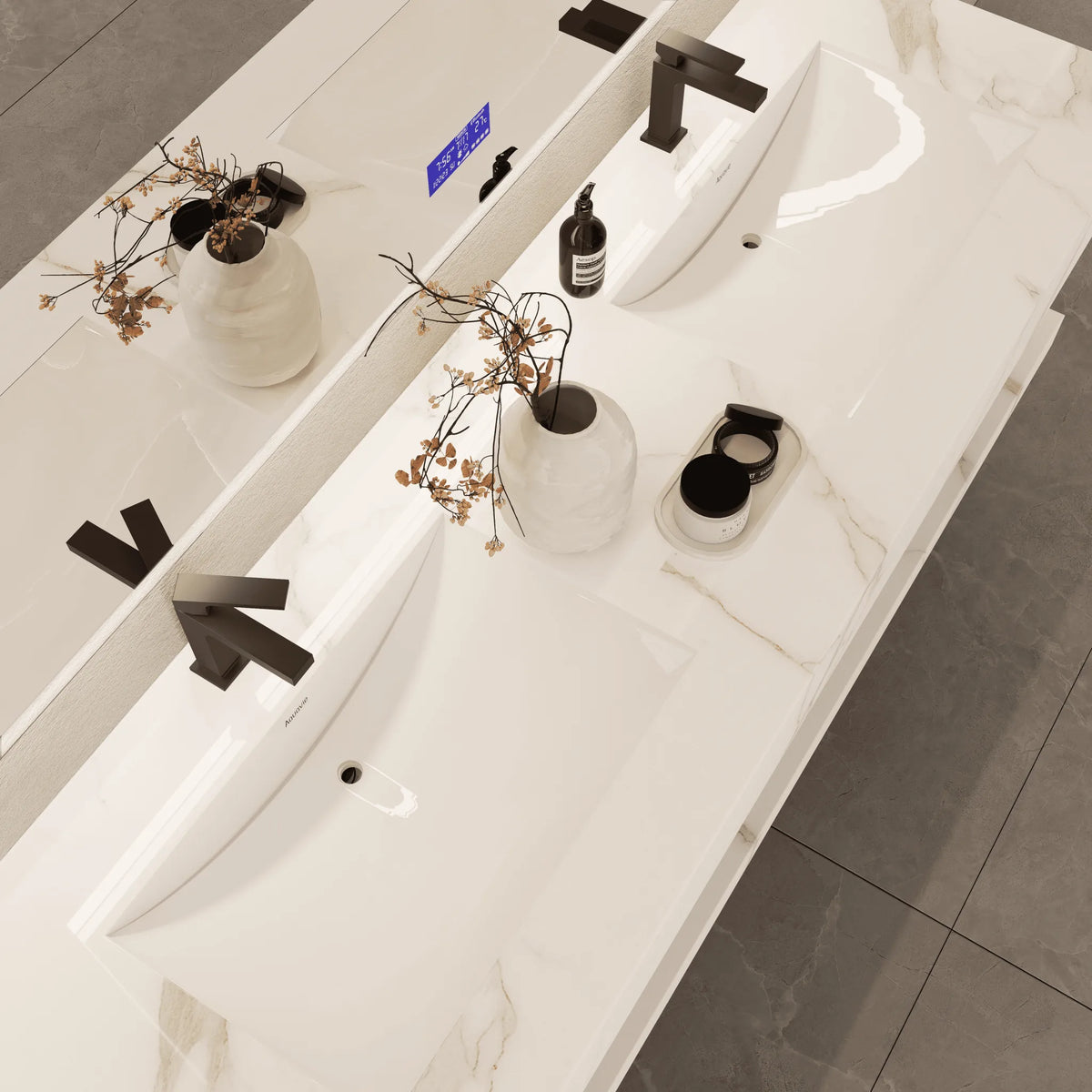 Aventino 71-inch gallery Flat-Front floating double-sink vanity — sintered stone top