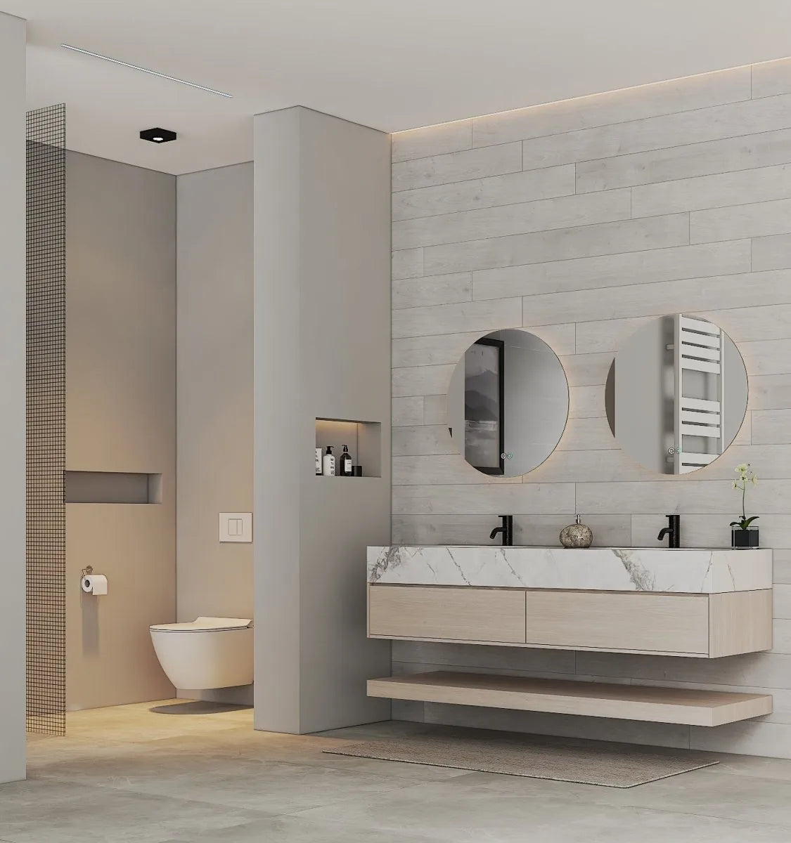 Aventino 71-inch gallery Flat-Front floating double-sink vanity — sintered stone top