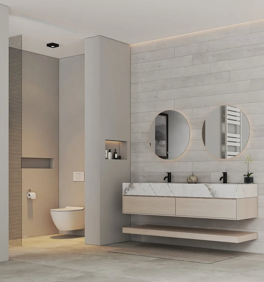 Aventino 71" Ash Grey Oak Open-Shelf Floating Double-Sink Vanity with Sintered Stone Top