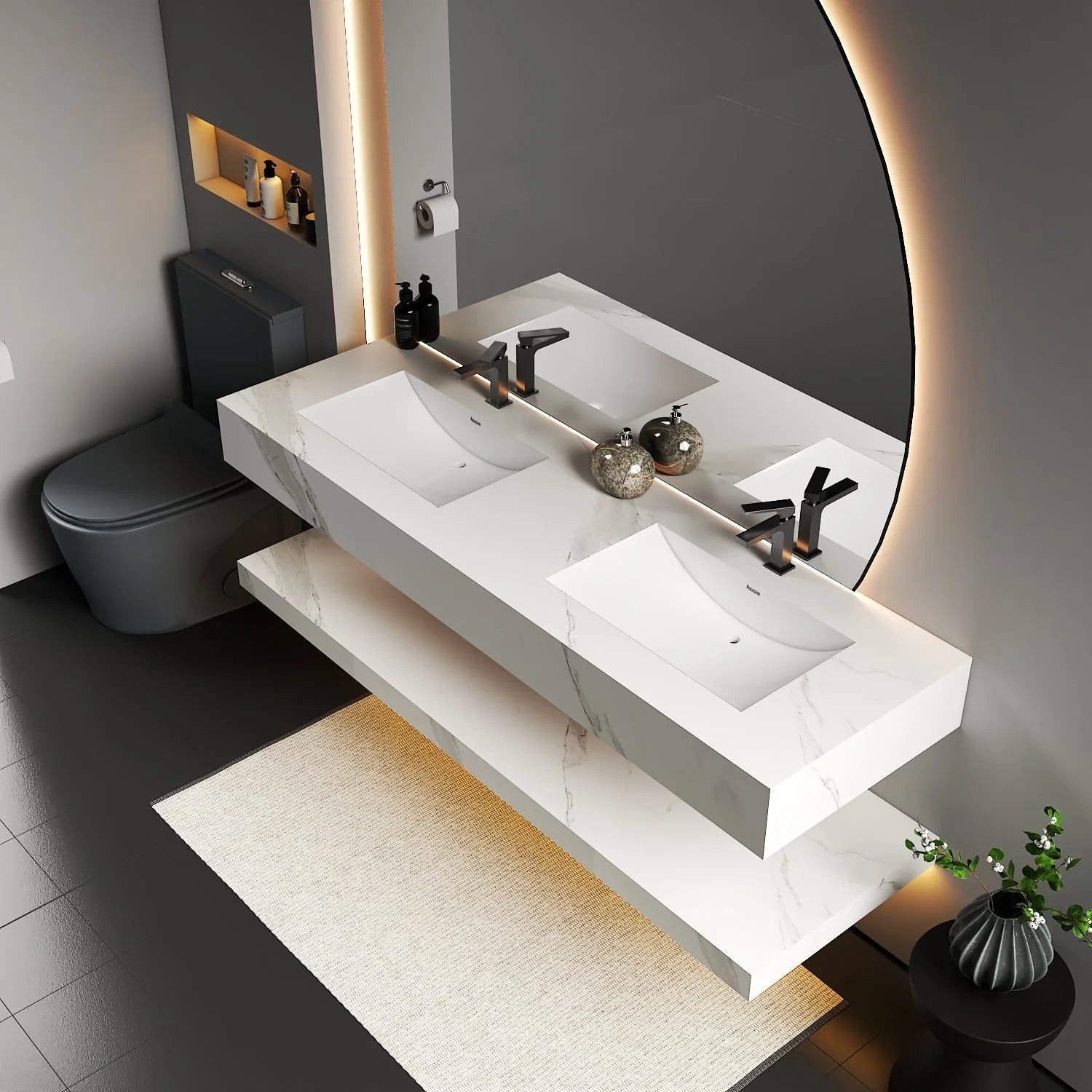 Aventino 71" Armani Grey Floating Double-Sink Vanity with Seamless Sintered Stone Top
