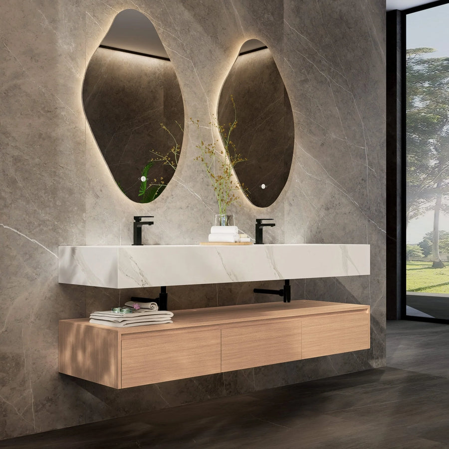 Aventino 71" Oak Plywood Floating Double-Sink Vanity with Sintered Stone Top