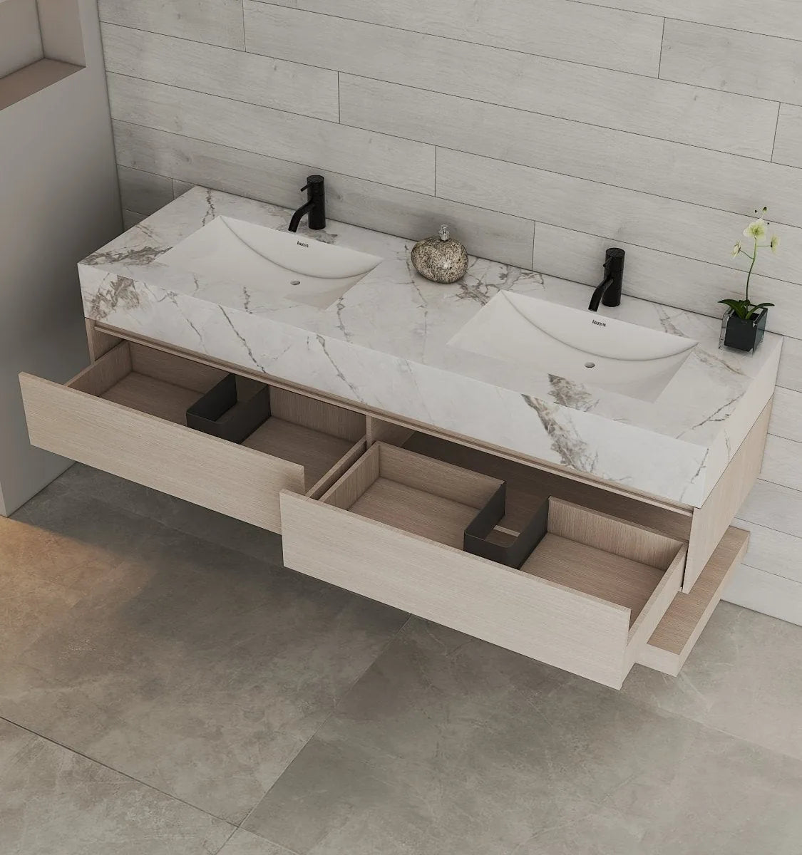 Aventino 71" Ash Grey Oak Open-Shelf Floating Double-Sink Vanity with Sintered Stone Top