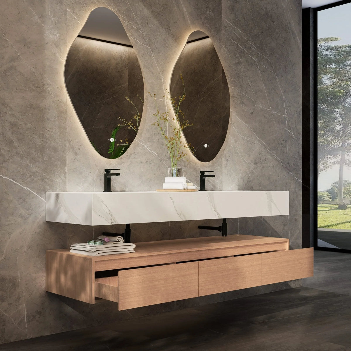 Aventino 71-inch gallery Flat-Front floating double-sink vanity — sintered stone top