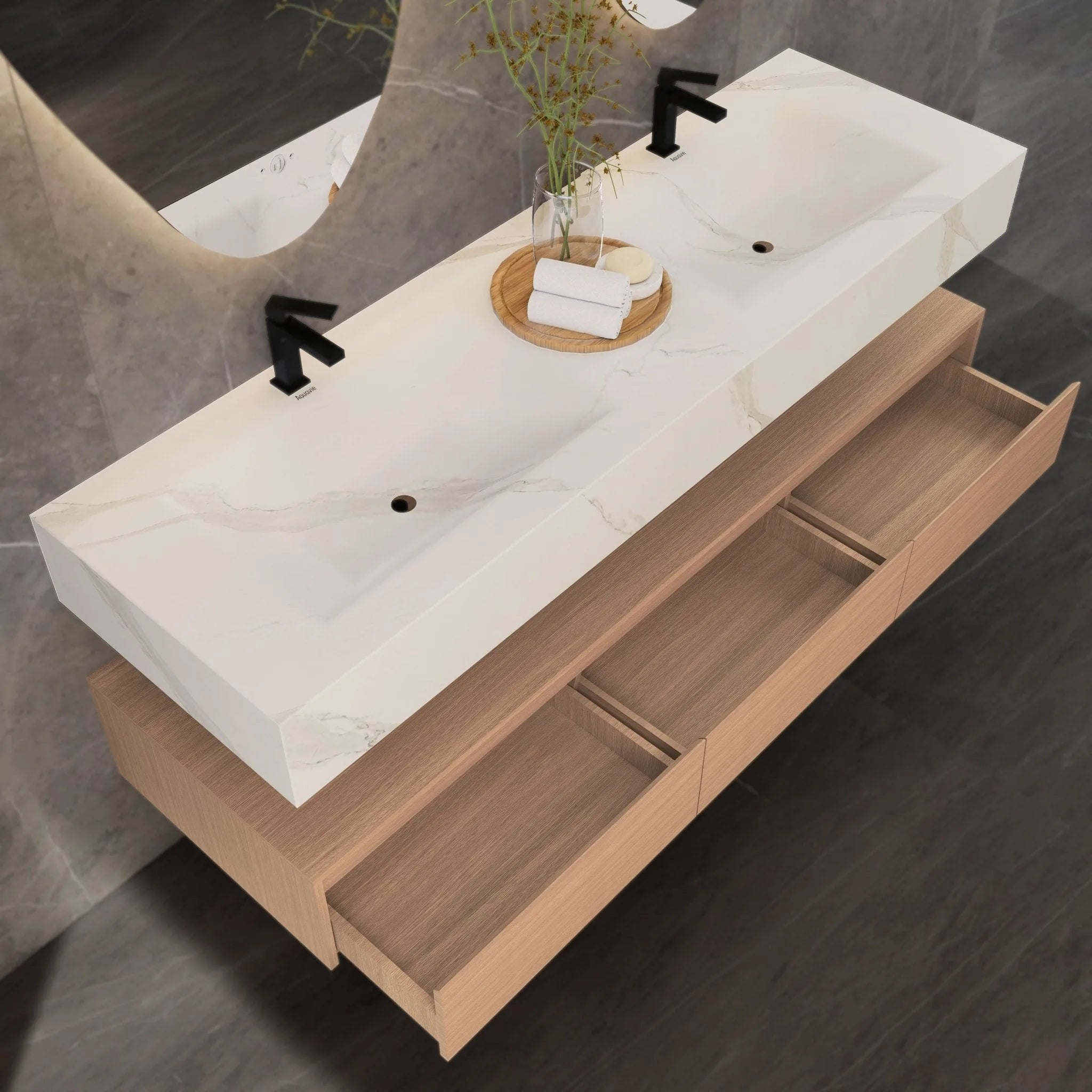 Aventino 71" Oak Plywood Floating Double-Sink Vanity with Sintered Stone Top