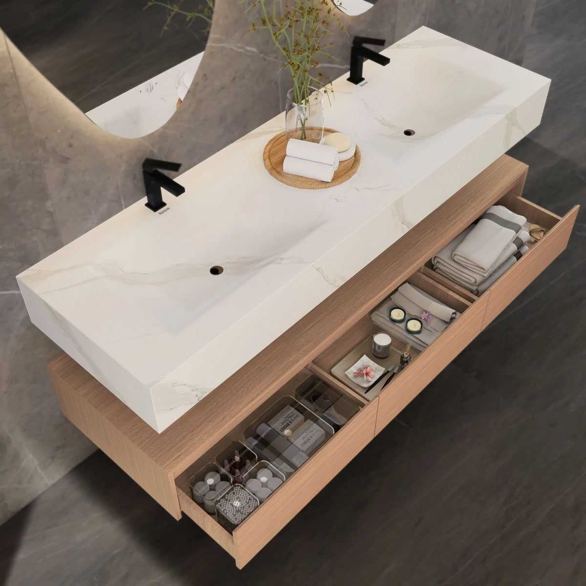 Aventino 71-inch gallery Flat-Front floating double-sink vanity — sintered stone top