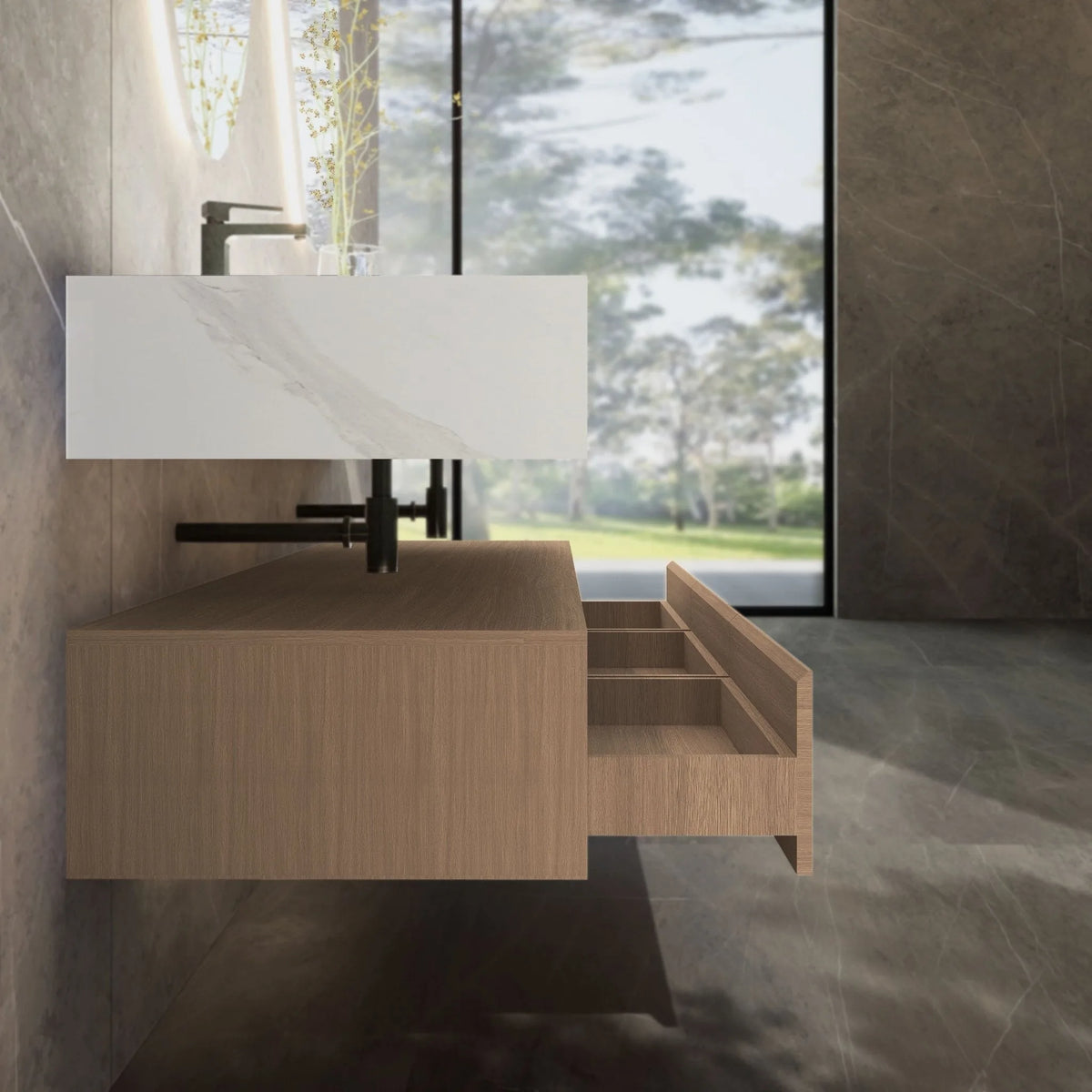 Aventino 71-inch gallery Flat-Front floating double-sink vanity — sintered stone top