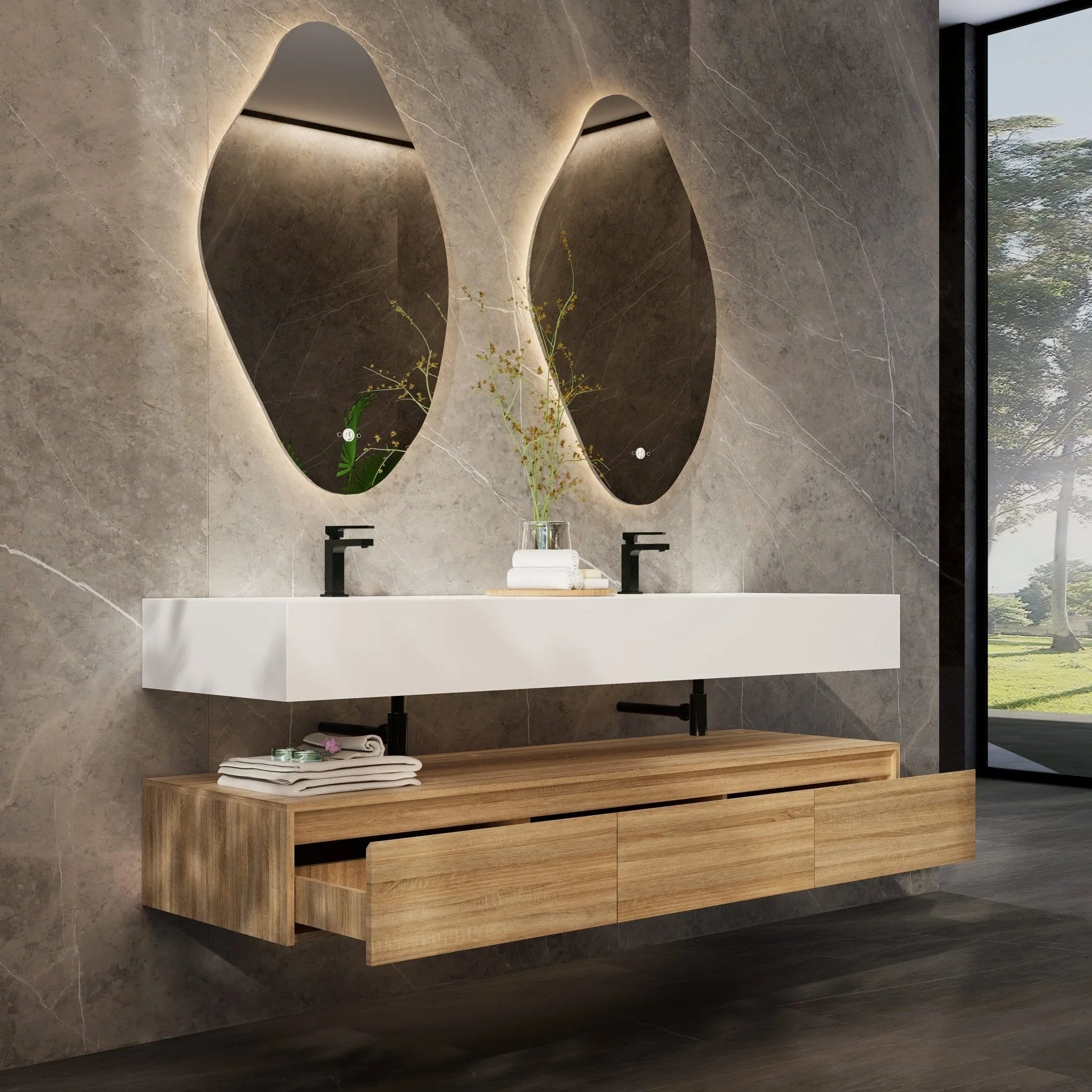 Aventino 71" Oak Plywood Floating Double-Sink Vanity with Sintered Stone Top