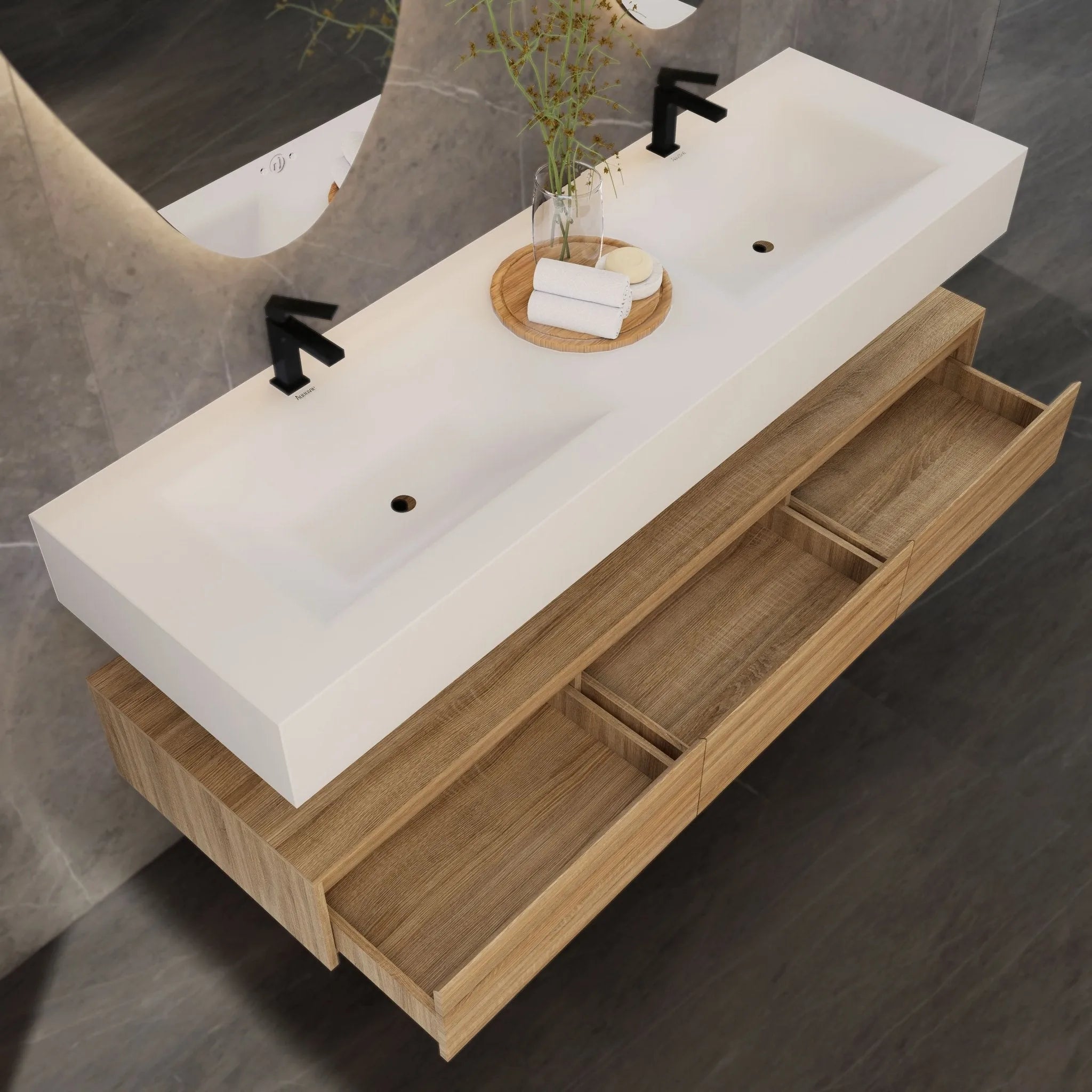 Aventino 71" Oak Plywood Floating Double-Sink Vanity with Sintered Stone Top