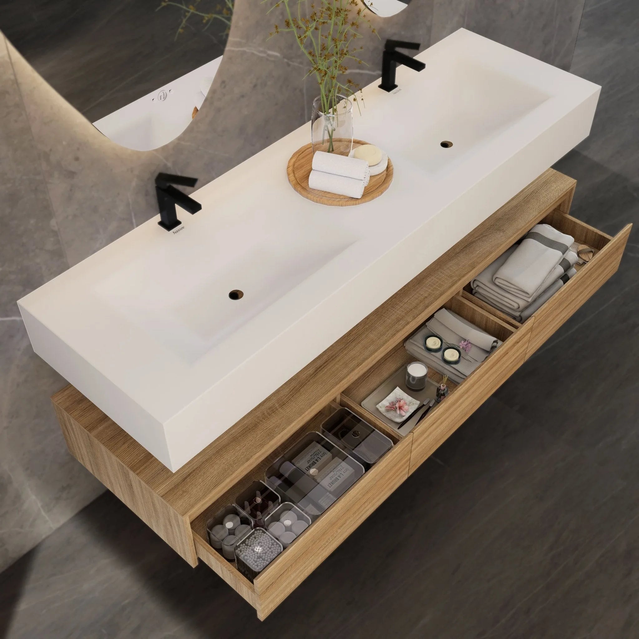 Aventino 71" Oak Plywood Floating Double-Sink Vanity with Sintered Stone Top