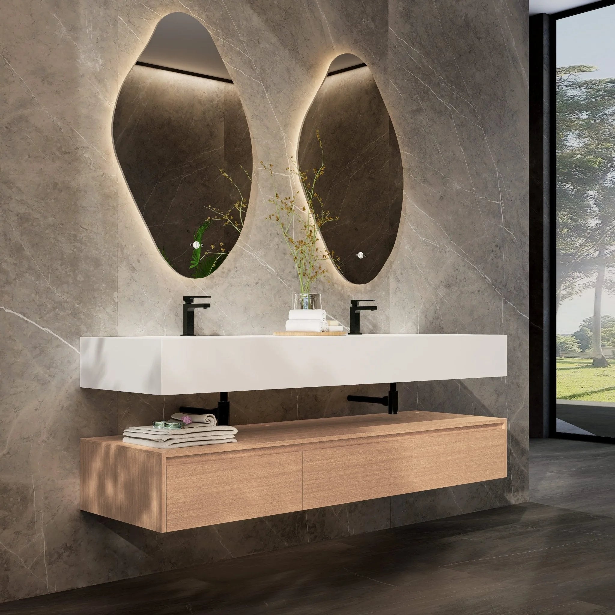 Aventino 71" Oak Plywood Floating Double-Sink Vanity with Sintered Stone Top