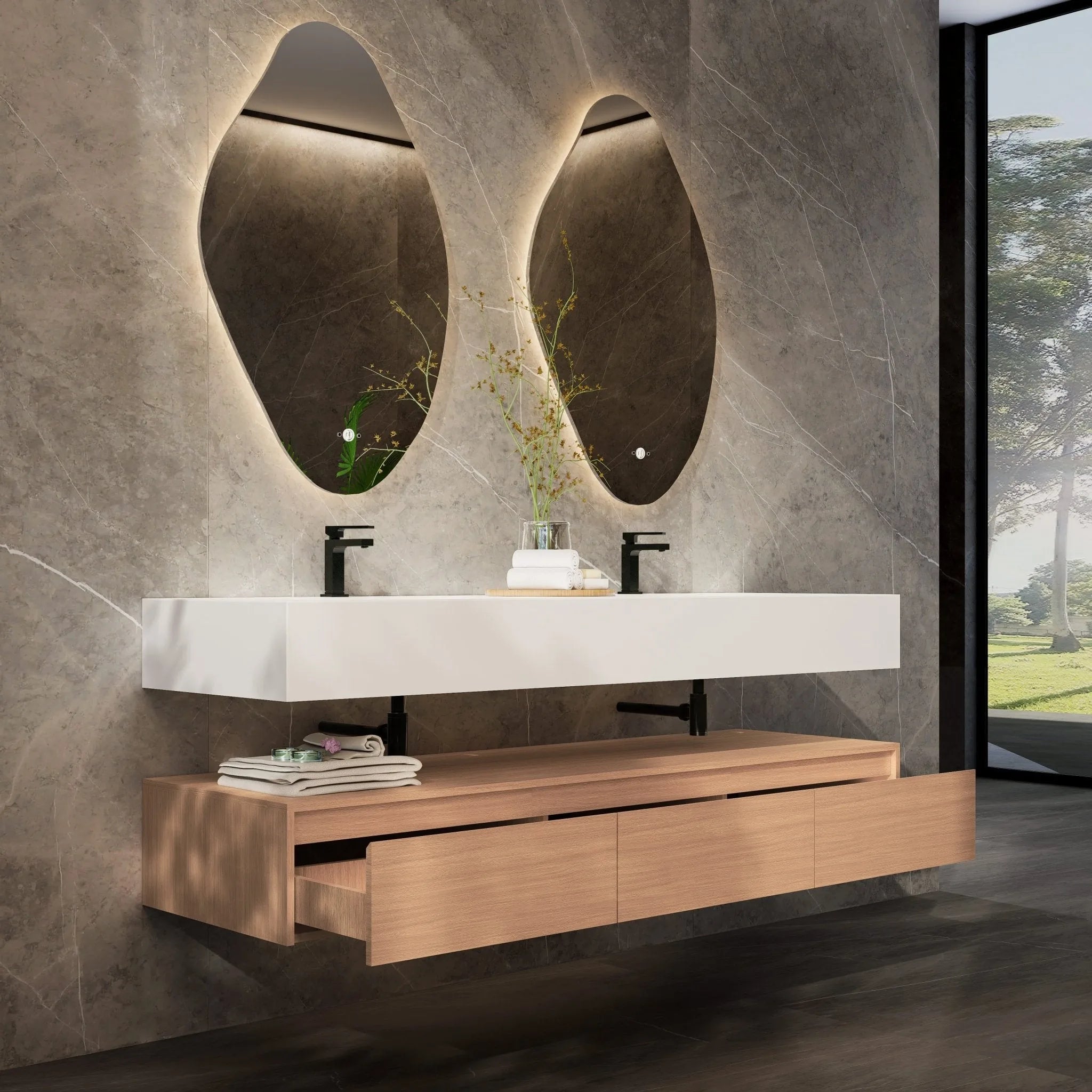 Aventino 71" Oak Plywood Floating Double-Sink Vanity with Sintered Stone Top