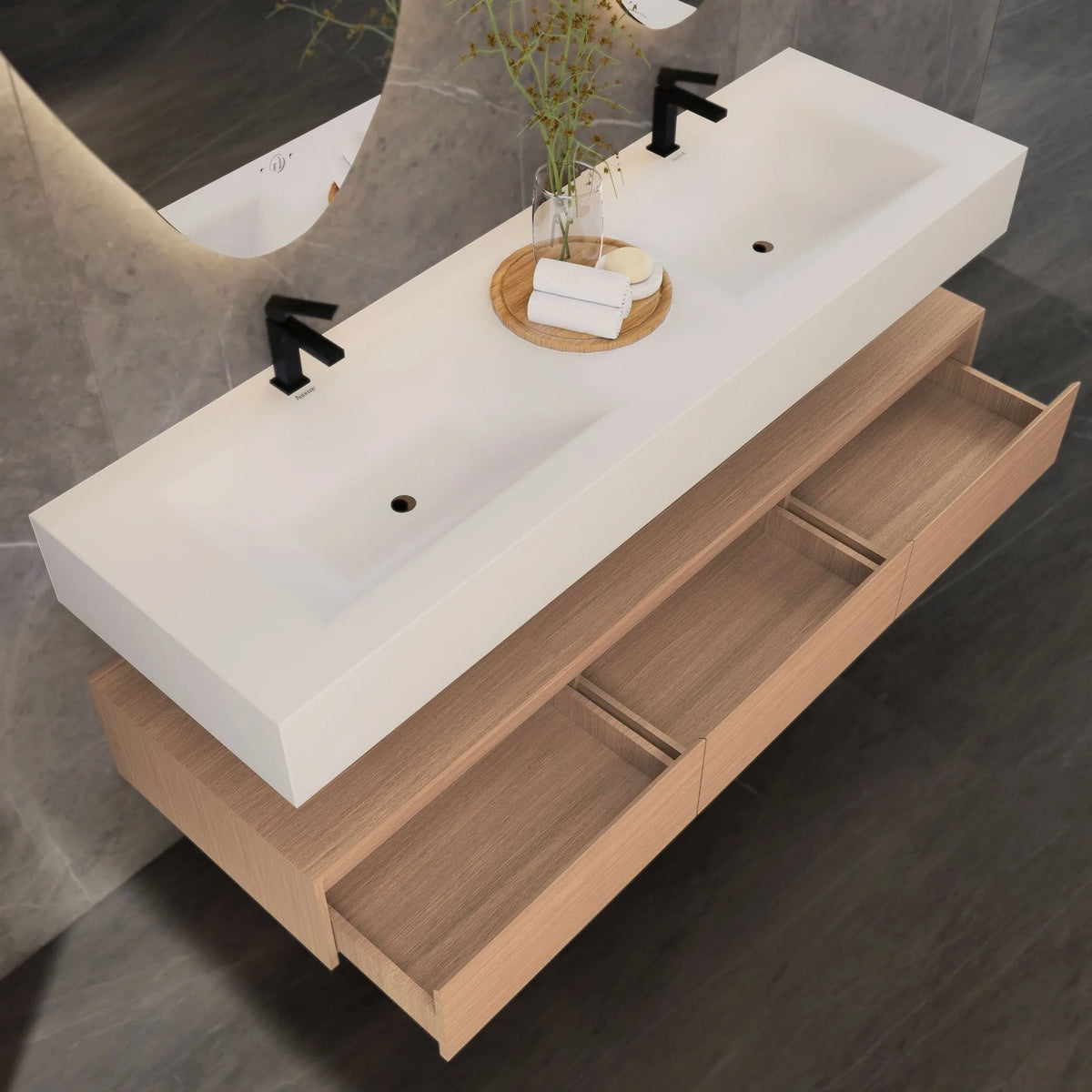 Aventino 71-inch gallery Flat-Front floating double-sink vanity — sintered stone top