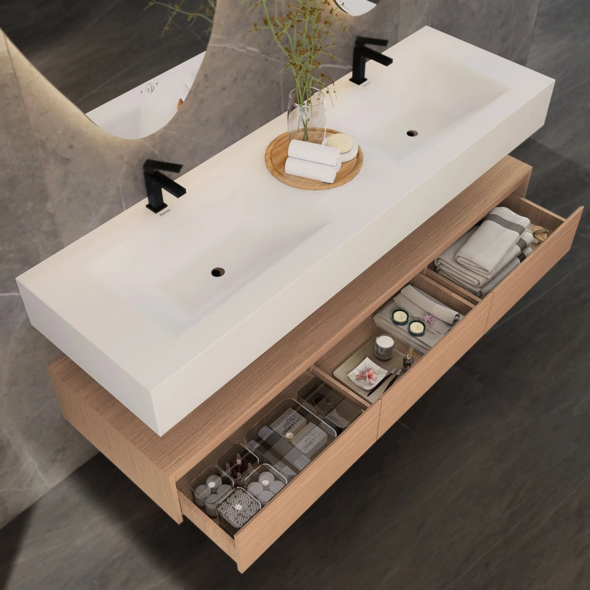 Aventino 71-inch gallery Flat-Front floating double-sink vanity — sintered stone top