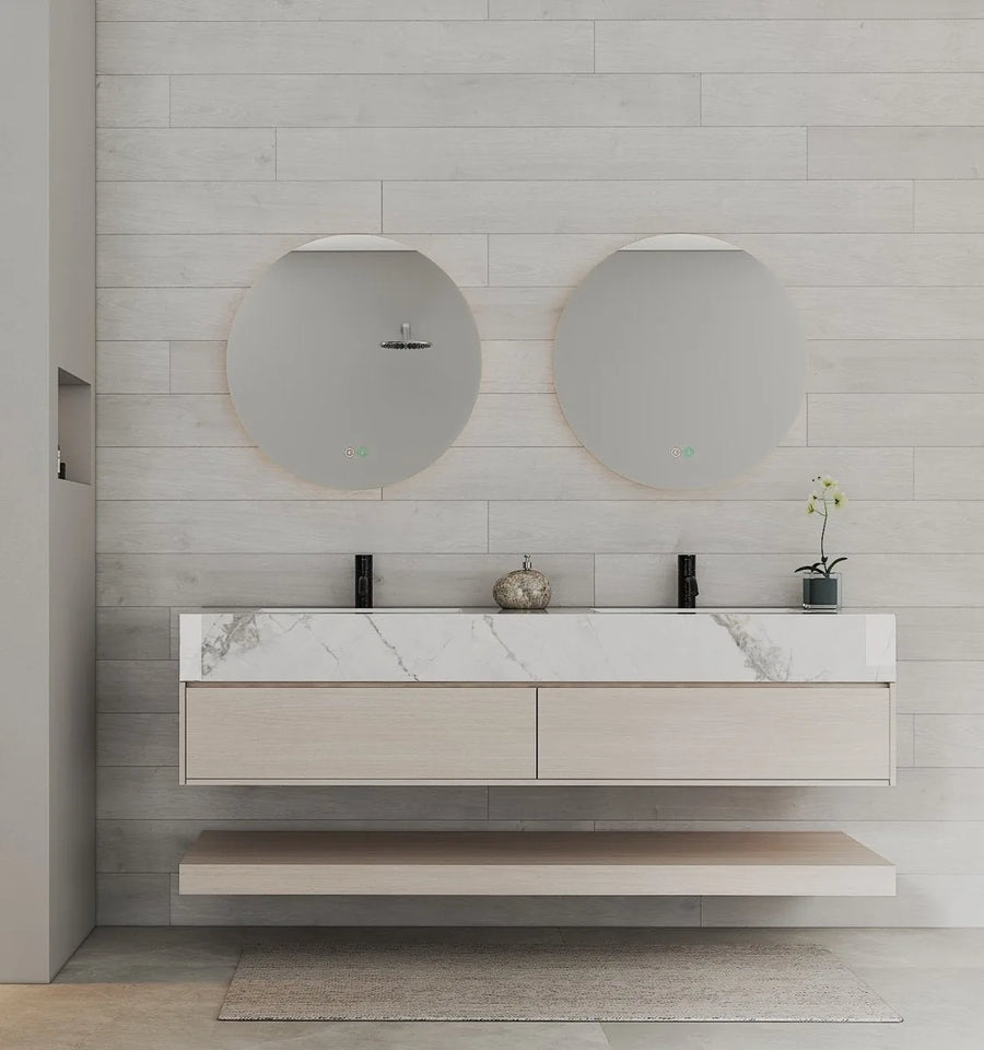 Aventino 71" Ash Grey Oak Open-Shelf Floating Double-Sink Vanity with Sintered Stone Top