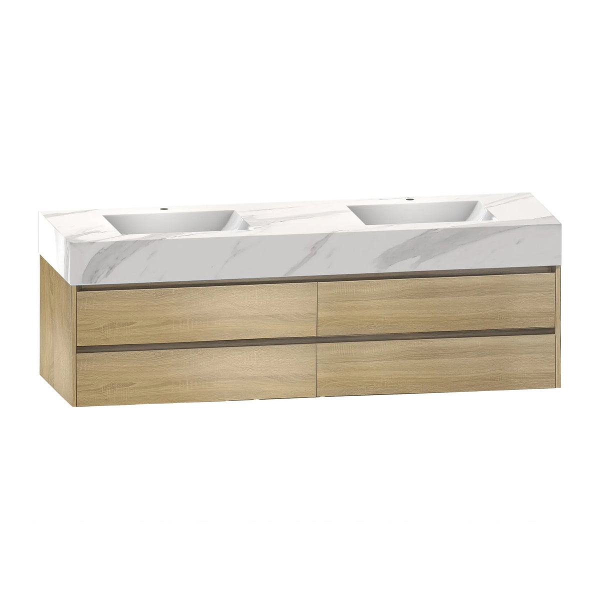Aventino 71-inch white carrara light oak flat-front floating double-sink vanity — sintered stone top
