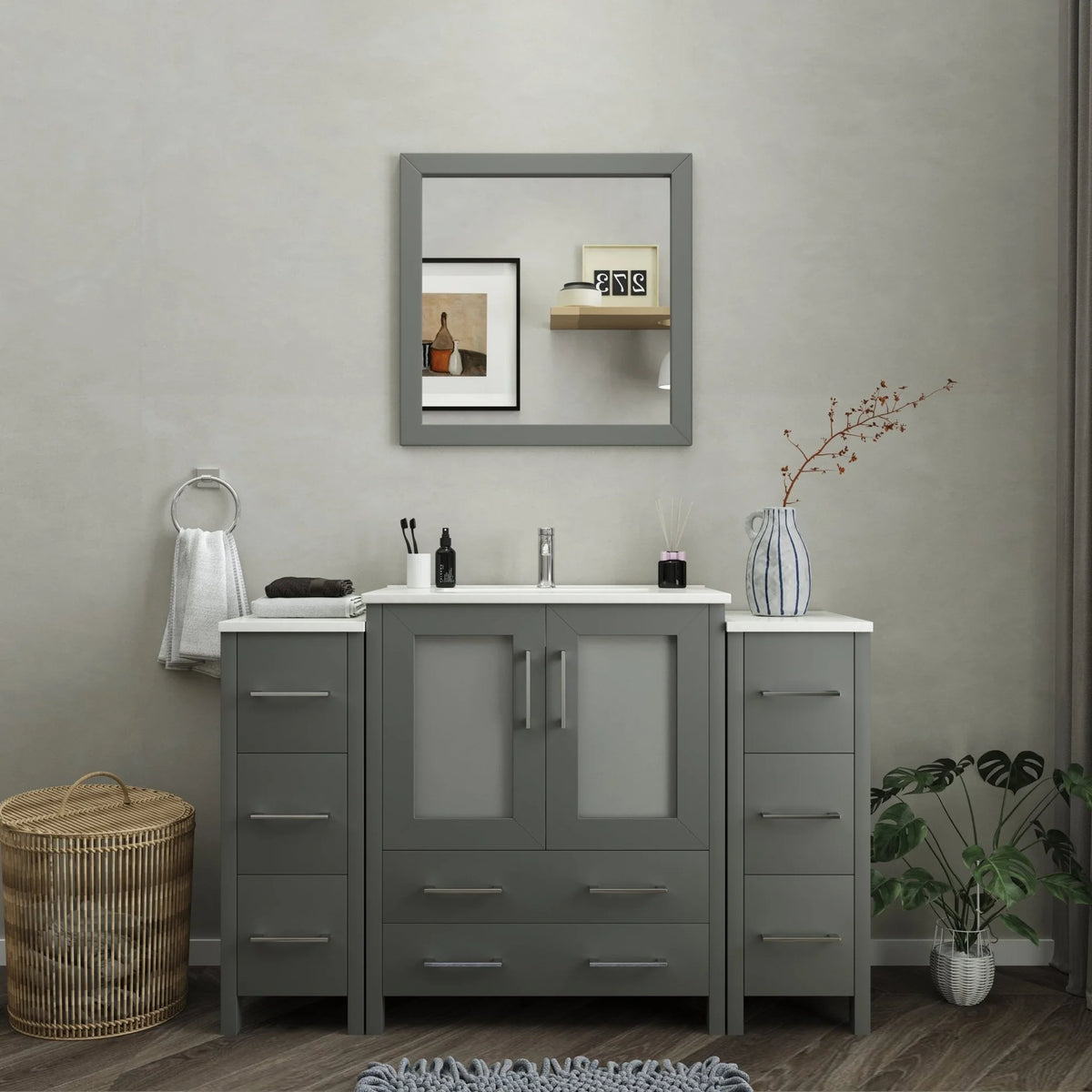 Vanity Art - Westmount 54" Single Sink Bathroom Vanity Set with Sink and Mirror - 2 Side Cabinets
