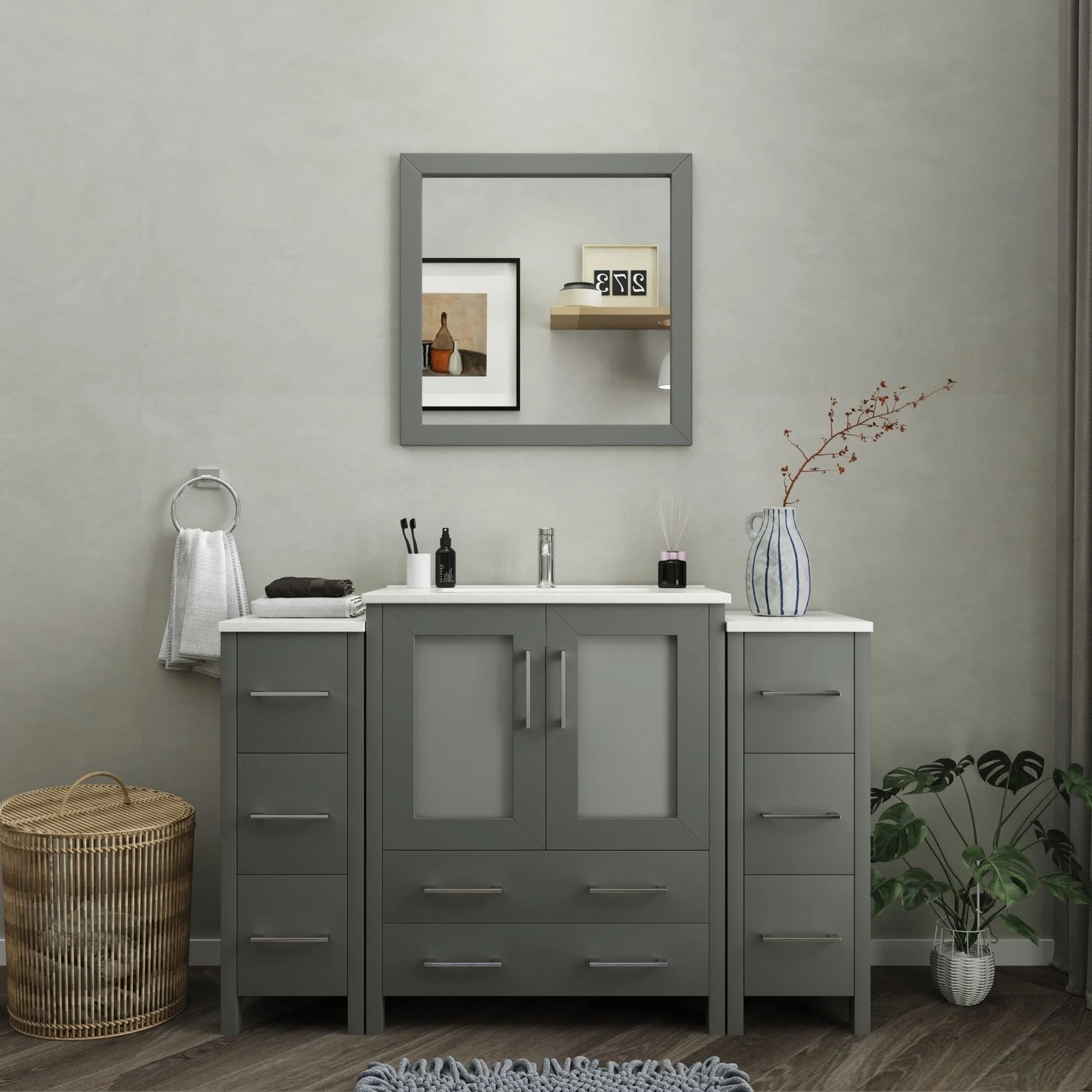 Vanity Art - Westmount 54" Single Sink Bathroom Vanity Set with Sink and Mirror - 2 Side Cabinets